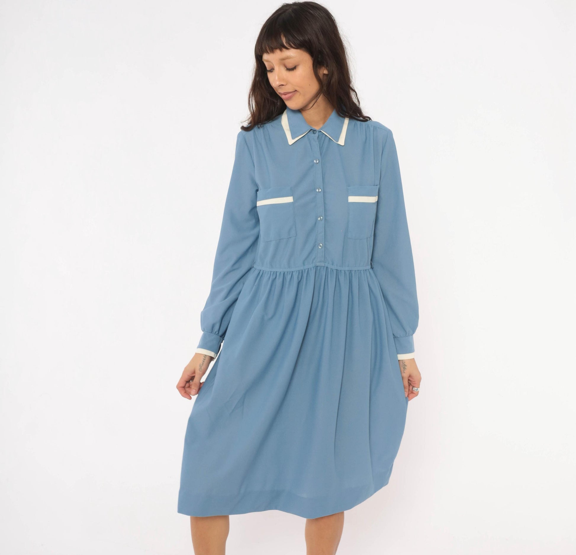 70s Stellas Powder Blue Shirt Dress Gathered Waist Knee Length Medium M