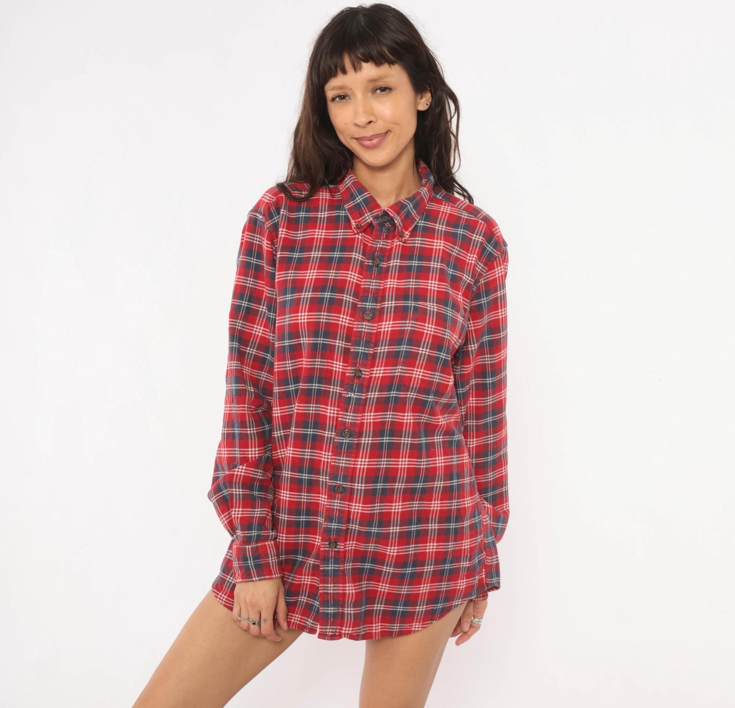 2000s Eddie Bauer Red Plaid Flannel Shirt Cotton Button-Up Large L