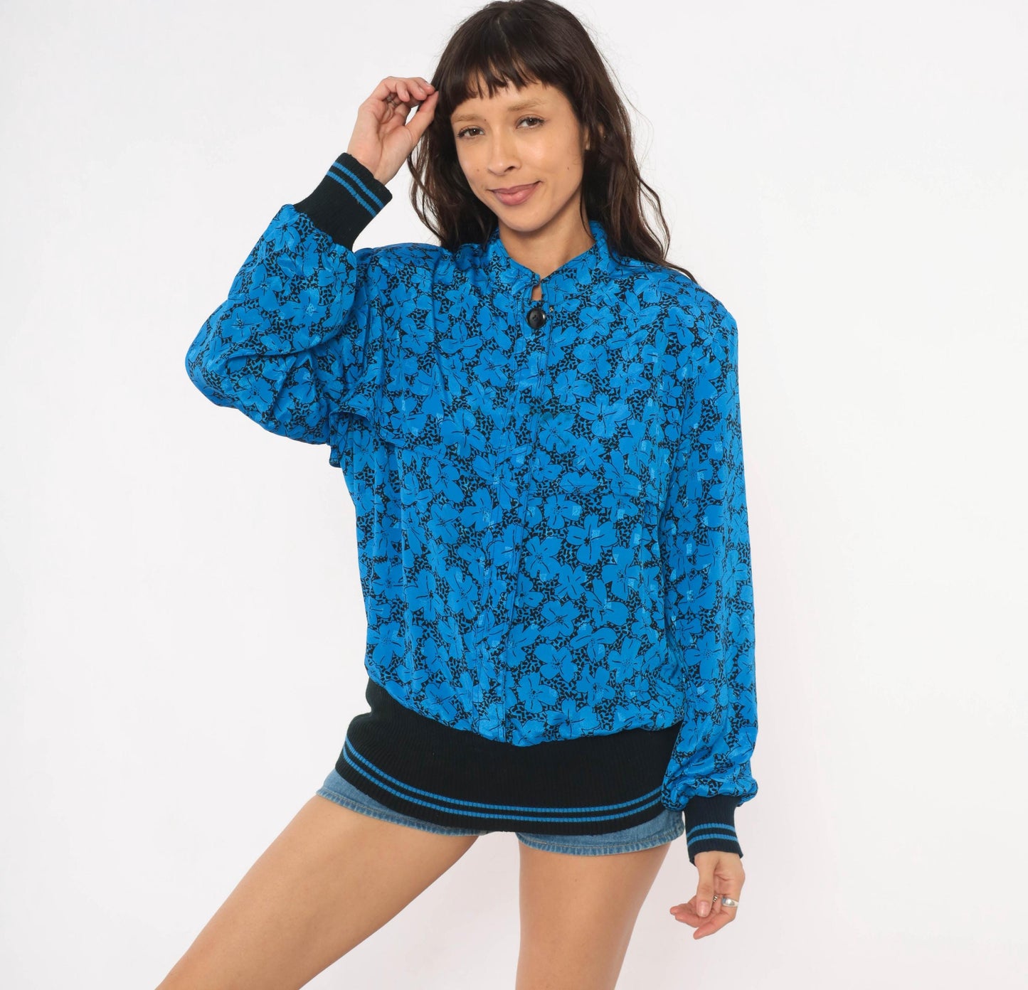 80s B.G.B.Ltd. Floral Bomber Blouse Cobalt Blue Black Mandarin Collar Large L