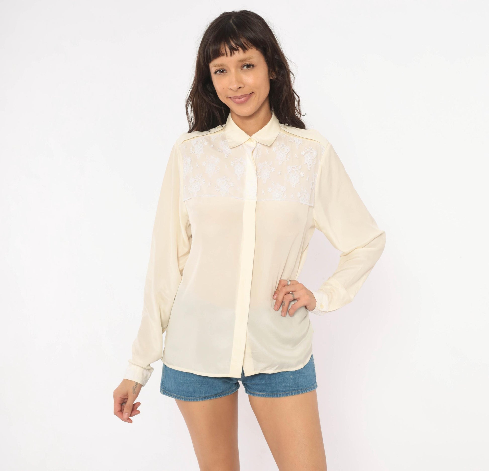 90s Oscar De La Renta Cream Lace Yoke Blouse Floral Embroidered Sheer Medium