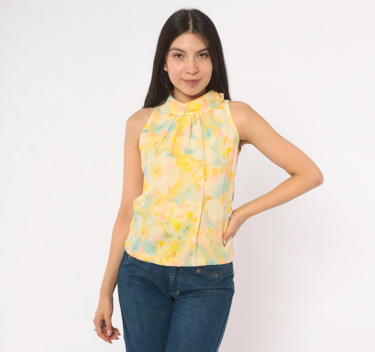 70s Watercolor Floral Sleeveless Blouse Yellow Pink Blue Cotton Mock Neck Extra Small