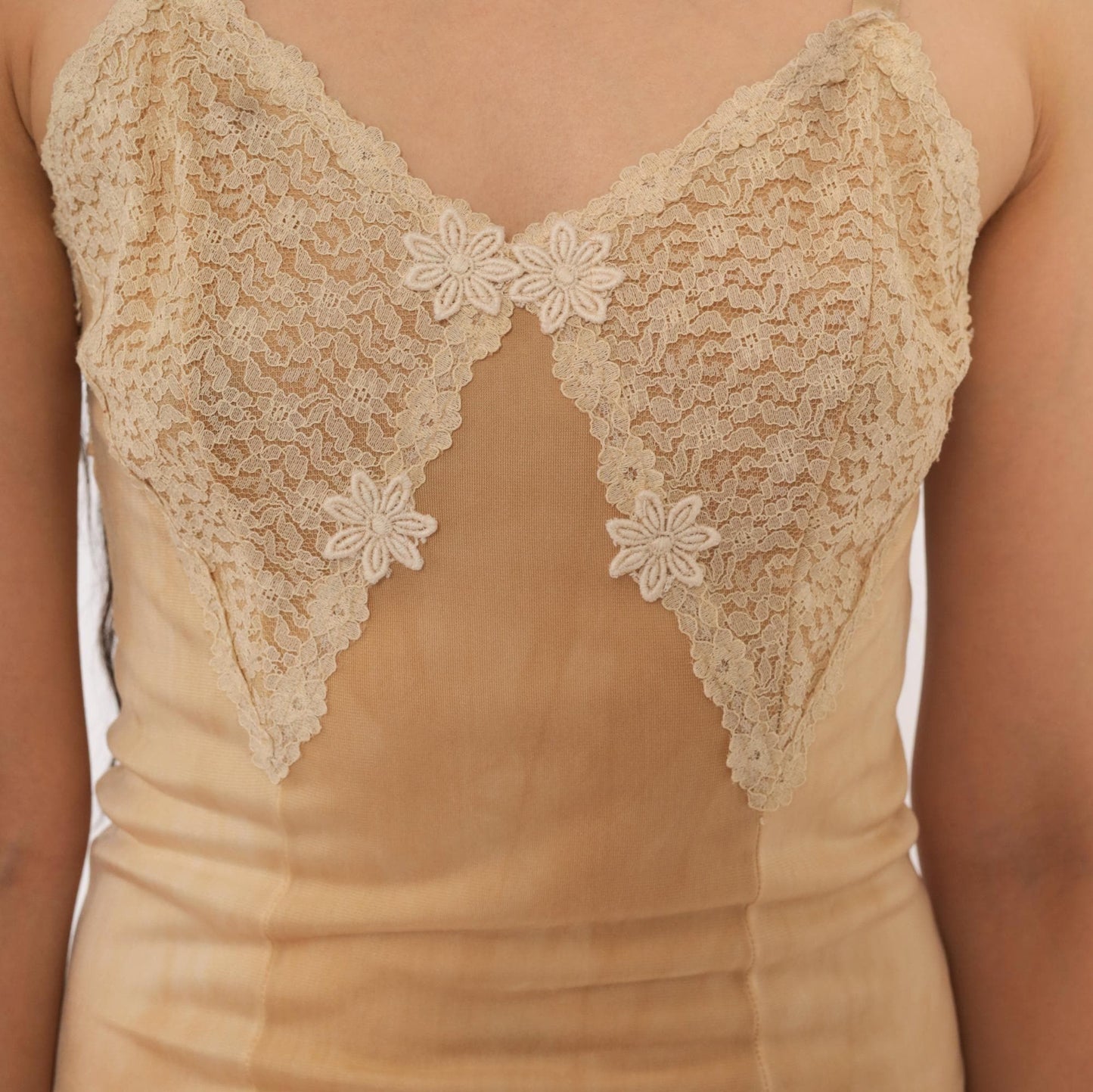 70s Tan Lace Slip Dress Floral Applique V Neck Spaghetti Strap Mini Extra Small