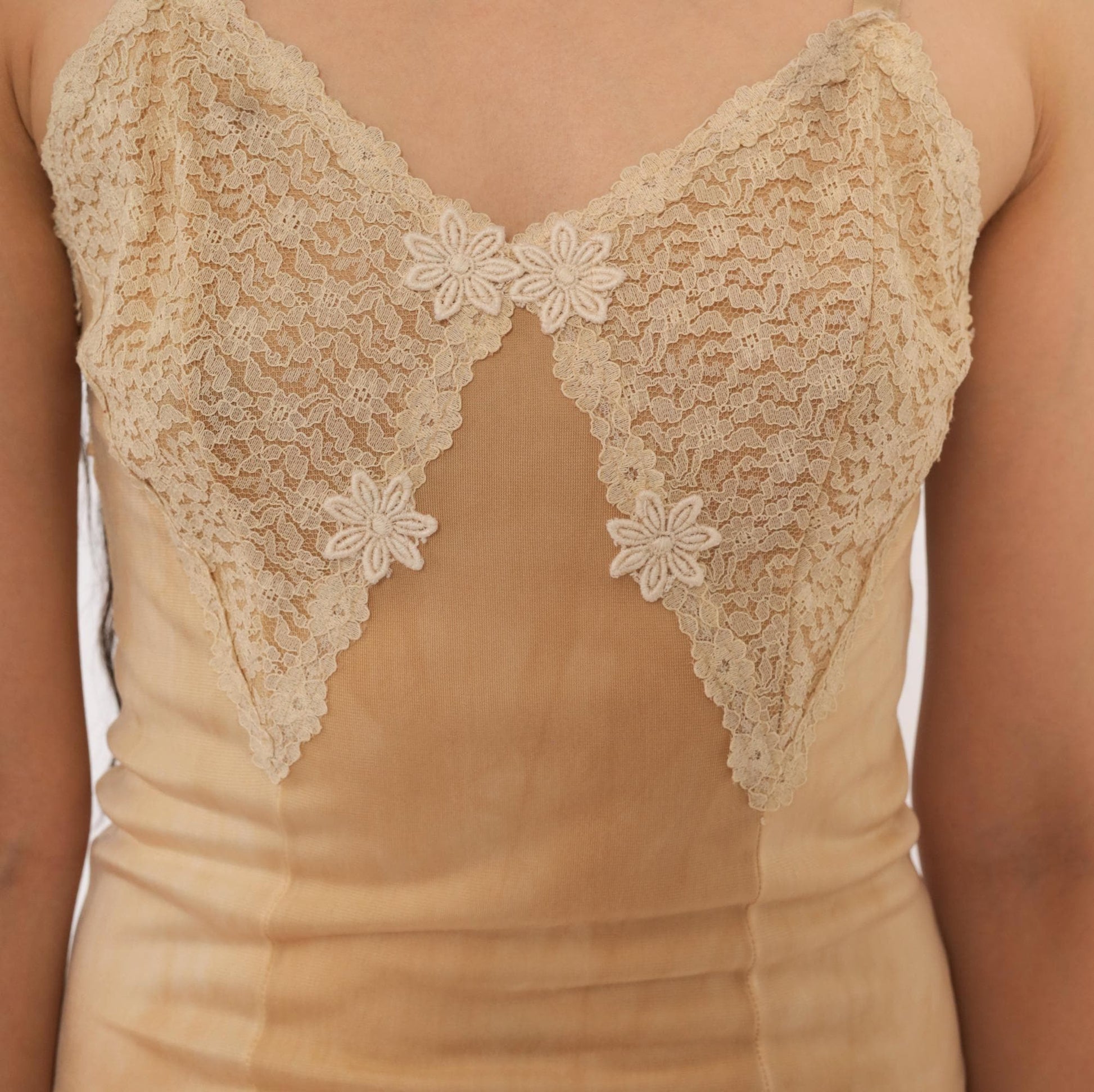 70s Tan Lace Slip Dress Floral Applique V Neck Spaghetti Strap Mini Extra Small