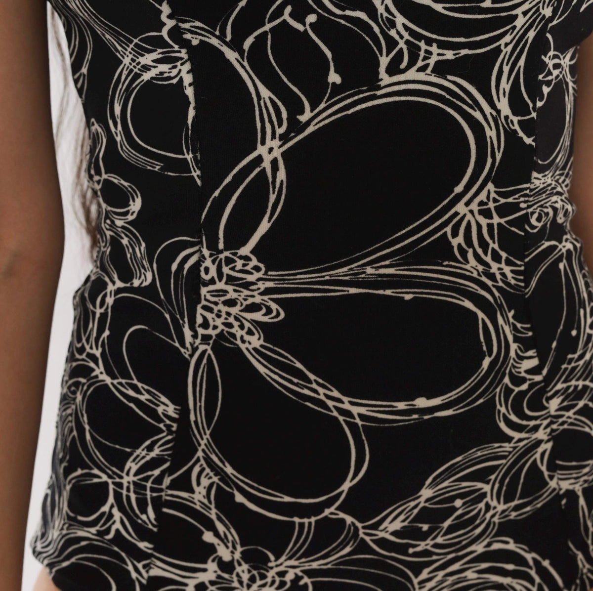 70s Black White Floral Abstract One Piece Swimsuit Low Back Small