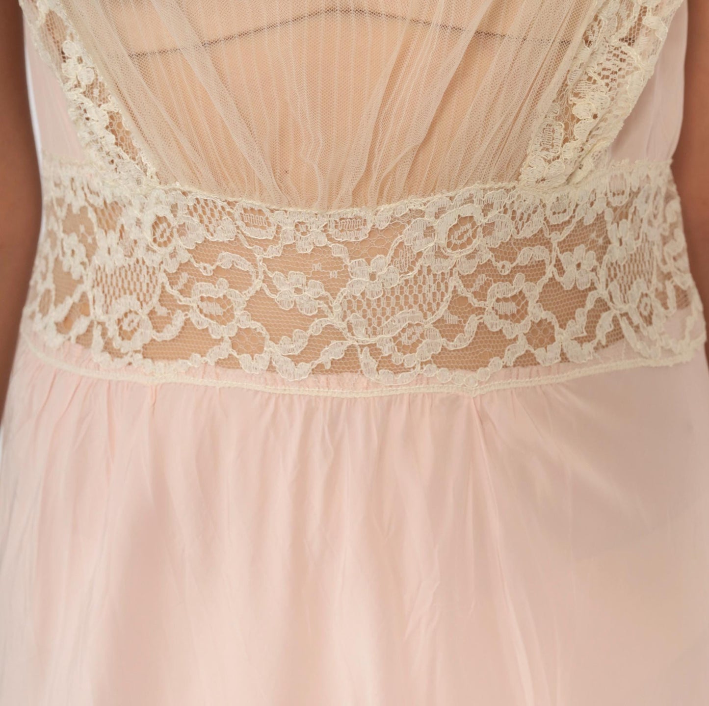 1950s Blush Pink Nylon Nightgown Maxi Slip Lace Trim Cap Sleeve Large L