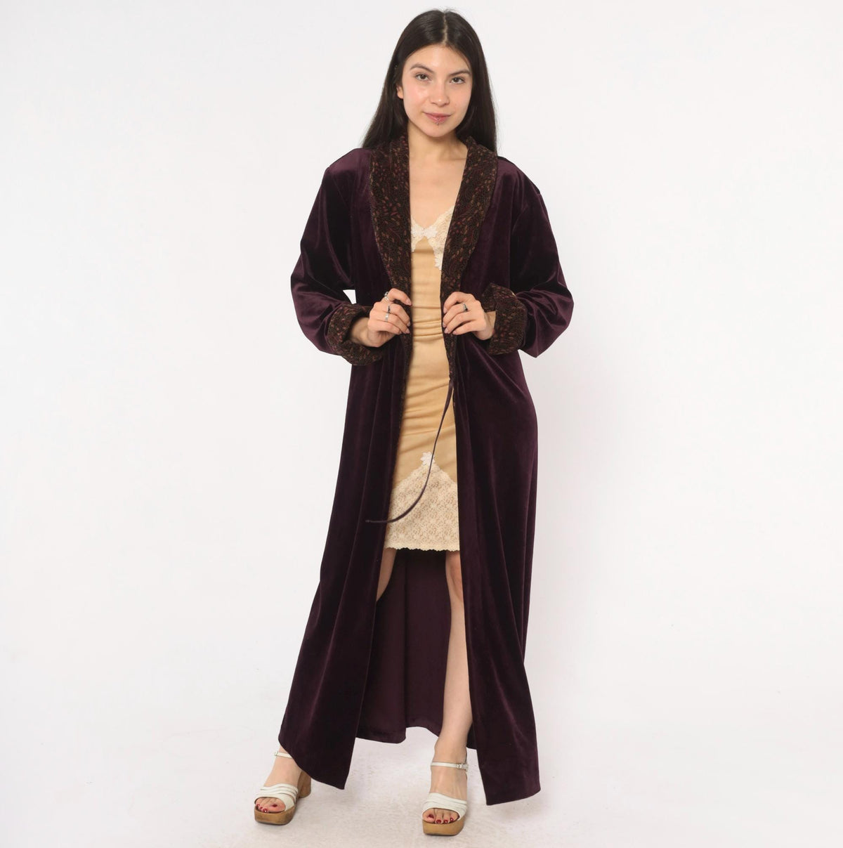 90s Plum Velvet Robe Shawl Collar Paisley Satin Lined Maxi Medium M