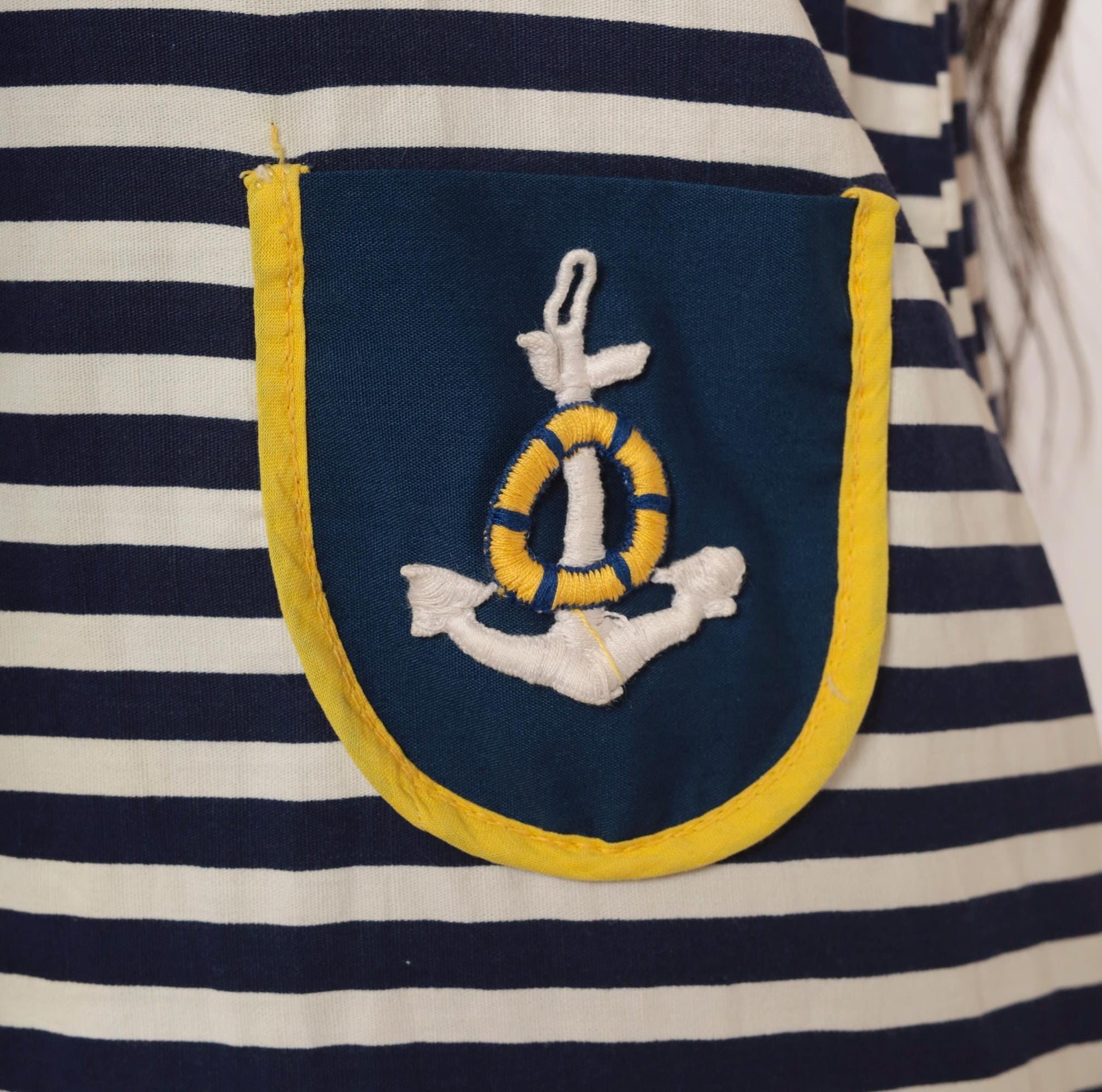 60s Nautical Mini Sailor Dress Navy White Striped Cotton Anchor Embroidered XS