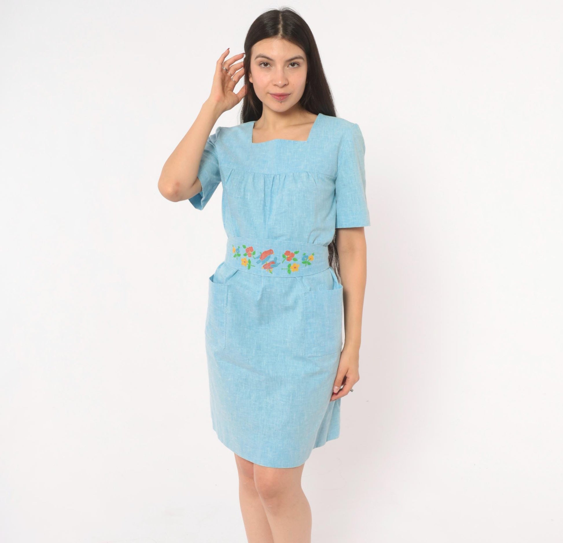 70s Sky Blue Cotton Dress Square Neck Puff Sleeve Bird Floral Print Small