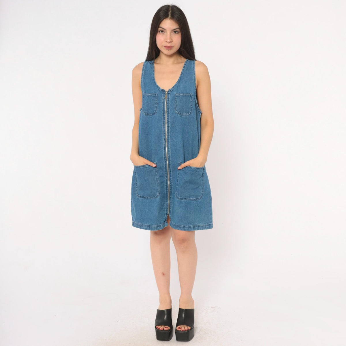 90s Premier Denim Jumper Dress Zip Front Mini Blue Cotton Medium M