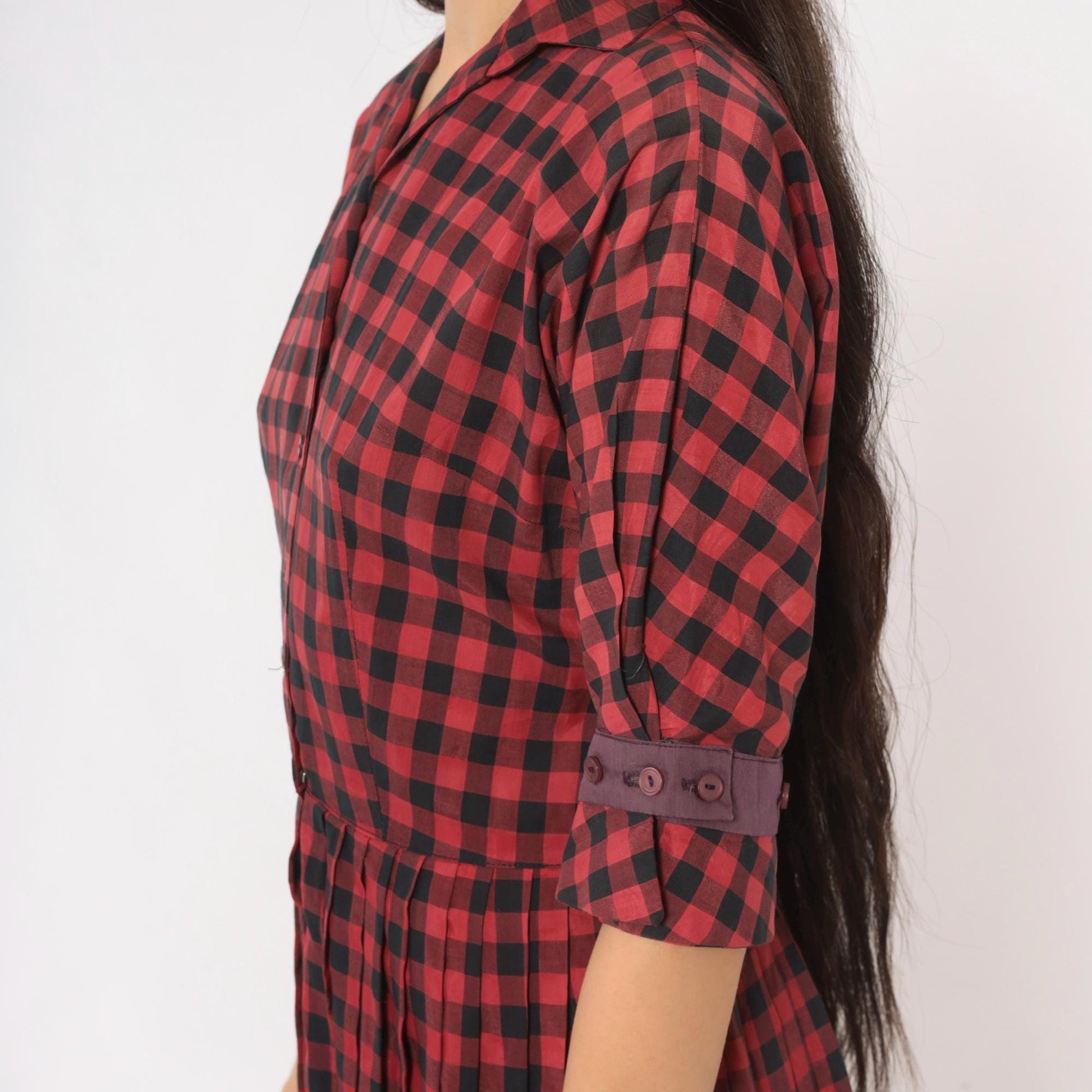 60s Meg Marlowe Buffalo Check Shirtdress Burgundy Black Plaid Cotton Small