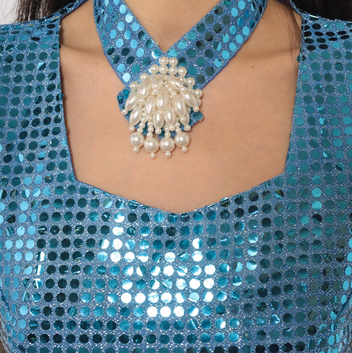 80s Ice Blue Sequin Maxi Dress Choker Neck Keyhole Sleeveless Small