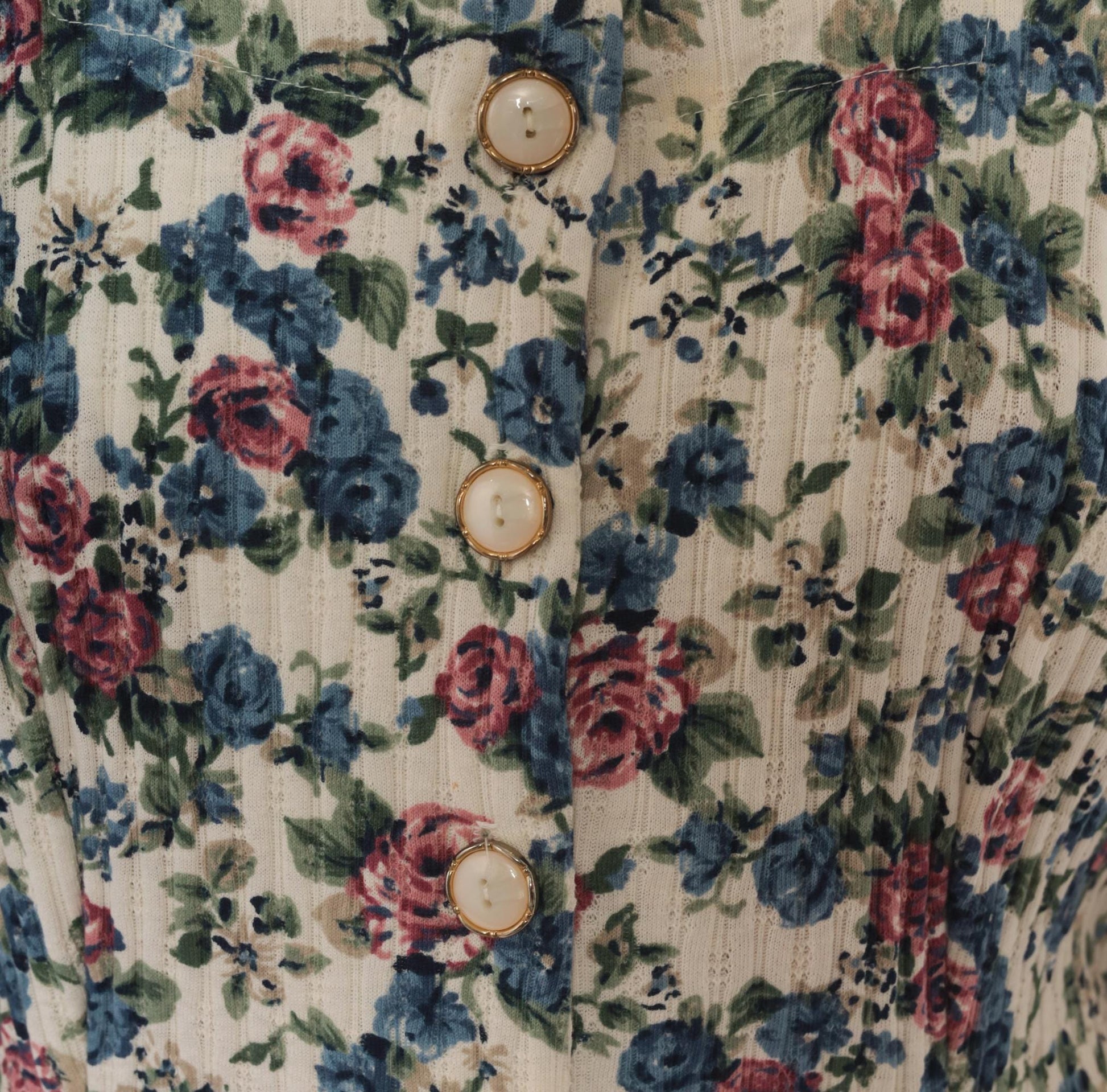 90s Floral Button Front Romper Square Neck Blue Pink Rose Ivory Medium M