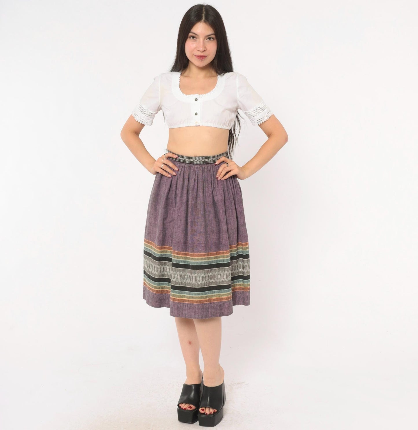 1980s Purple Woven Stripe Knee Skirt Cotton Linen Gathered Waist XS