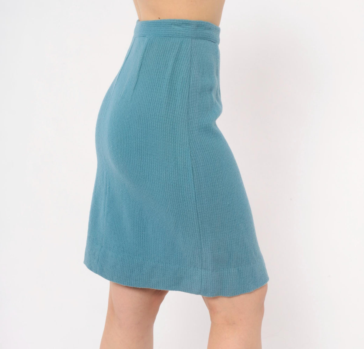 60s Dusty Blue Wool Pencil Skirt High Waist Side Zip Knee Length Extra Small XS