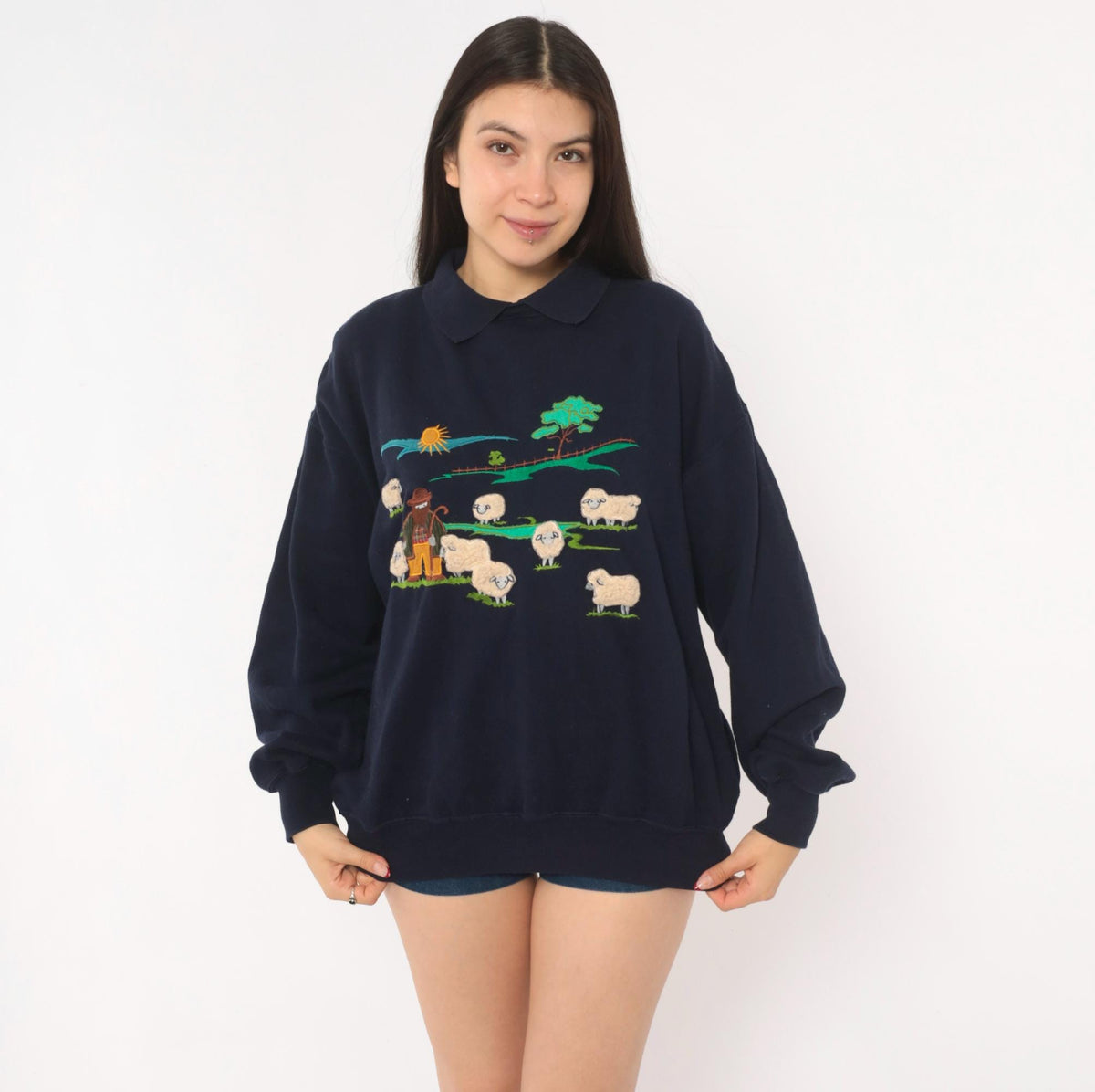 80s Tulchan Navy Collared Sweatshirt Embroidered Sheep Pastoral Scene Large L