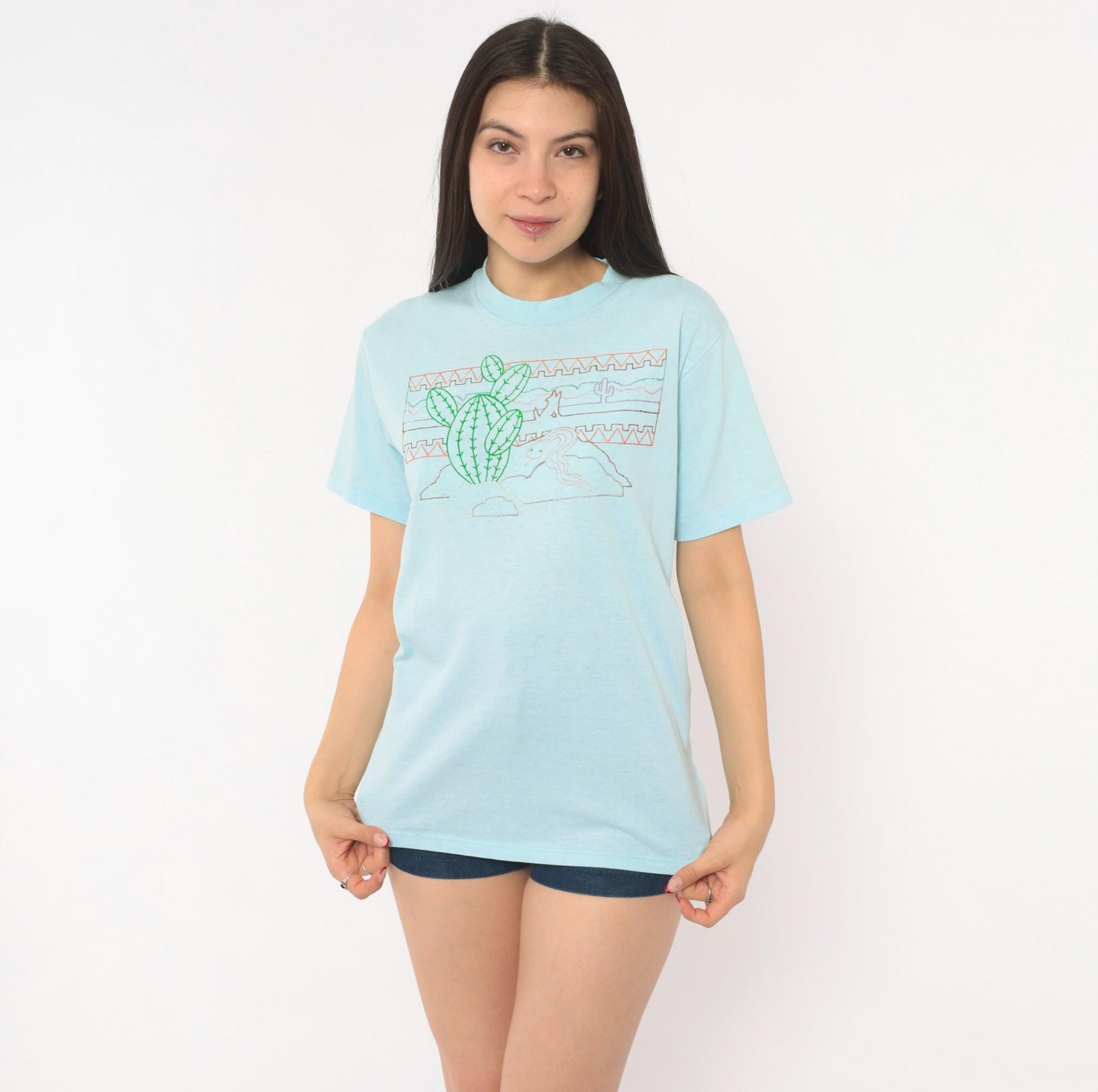 80s Sunbelt Sportswear Desert Cactus Snake Graphic Tee Light Blue Small