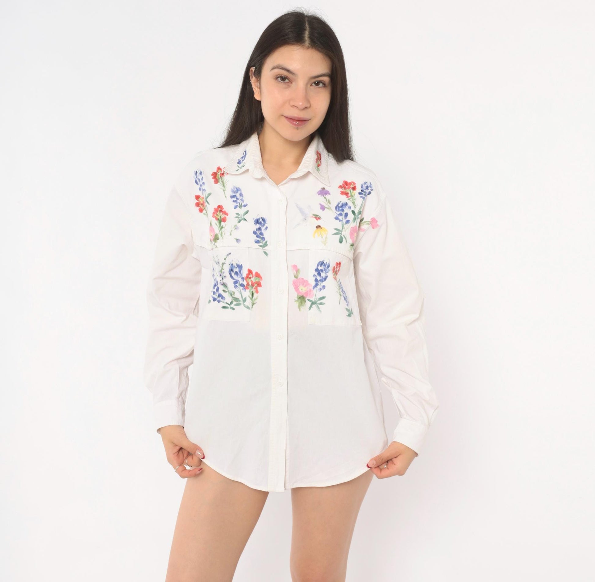 90s Ol' Paint Hand-Painted Wildflower Hummingbird White Cotton Button-Up Medium