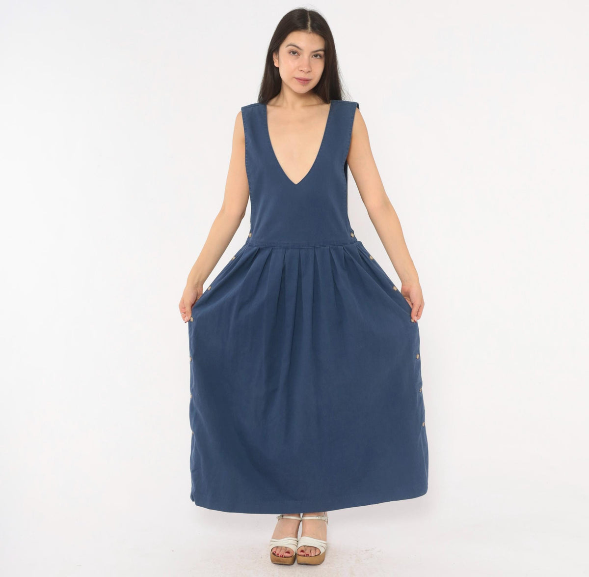 80s Fenwick Navy Cotton Jumper Dress Deep V Maxi Pleated Medium M
