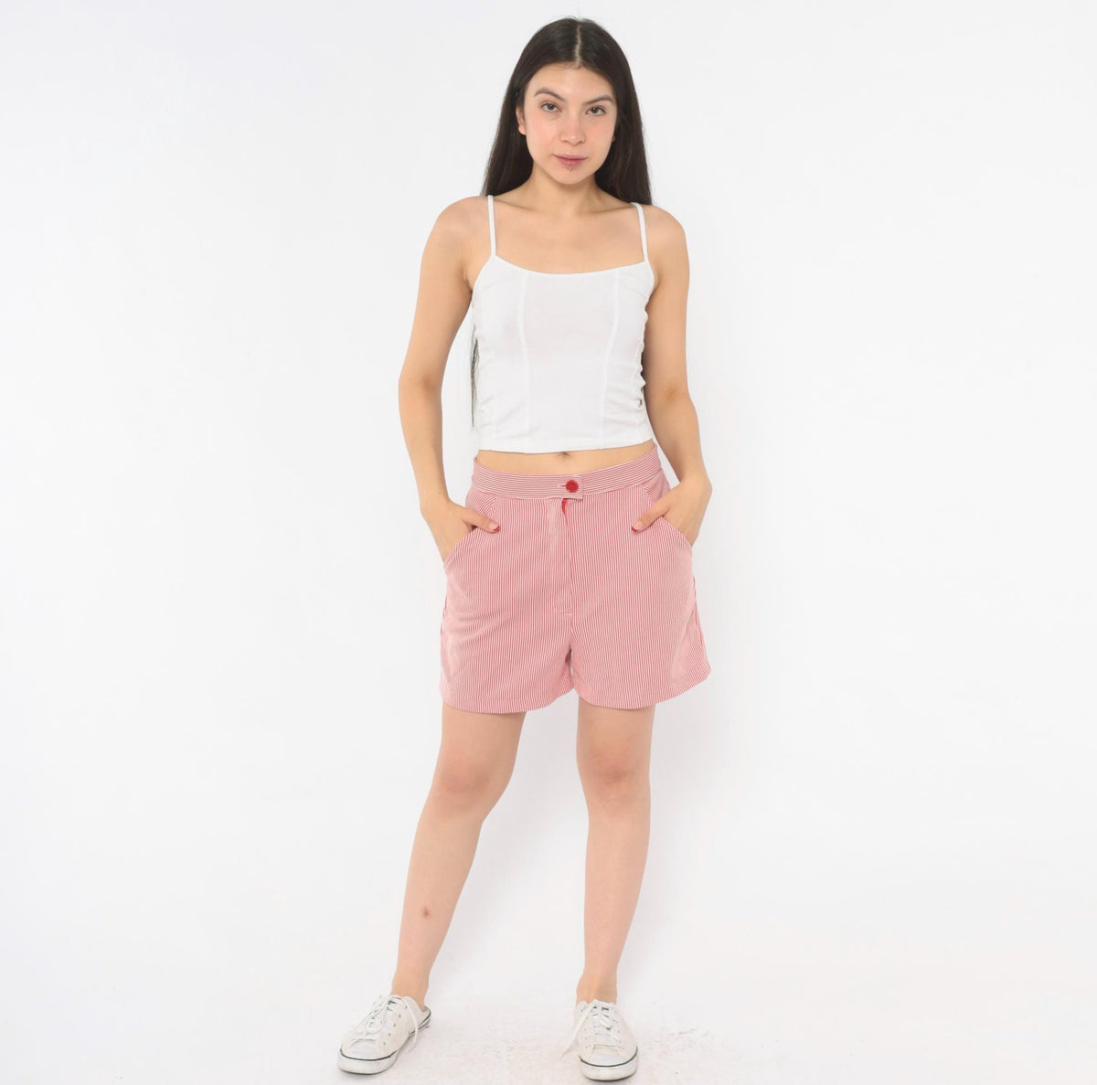 70s Red White Striped Seersucker Shorts High Waisted Button Front Medium M