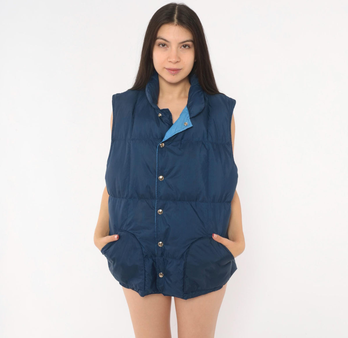 80s Sierra Designs Navy Puffer Vest Snap Front Down Quilted Large L