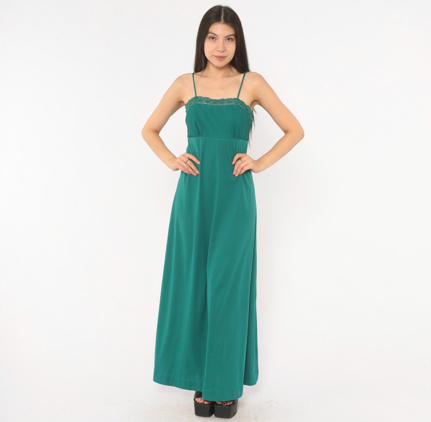 70s Teal Crochet Lace Maxi Dress Empire Waist Spaghetti Strap Extra Small