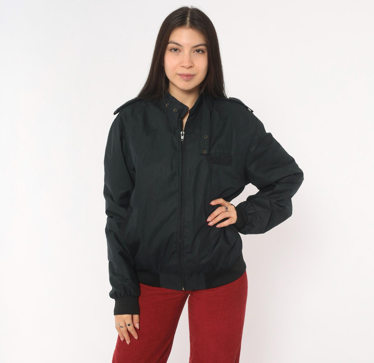 90s Black Bomber Jacket Zip Front Epaulette Military Windbreaker Medium