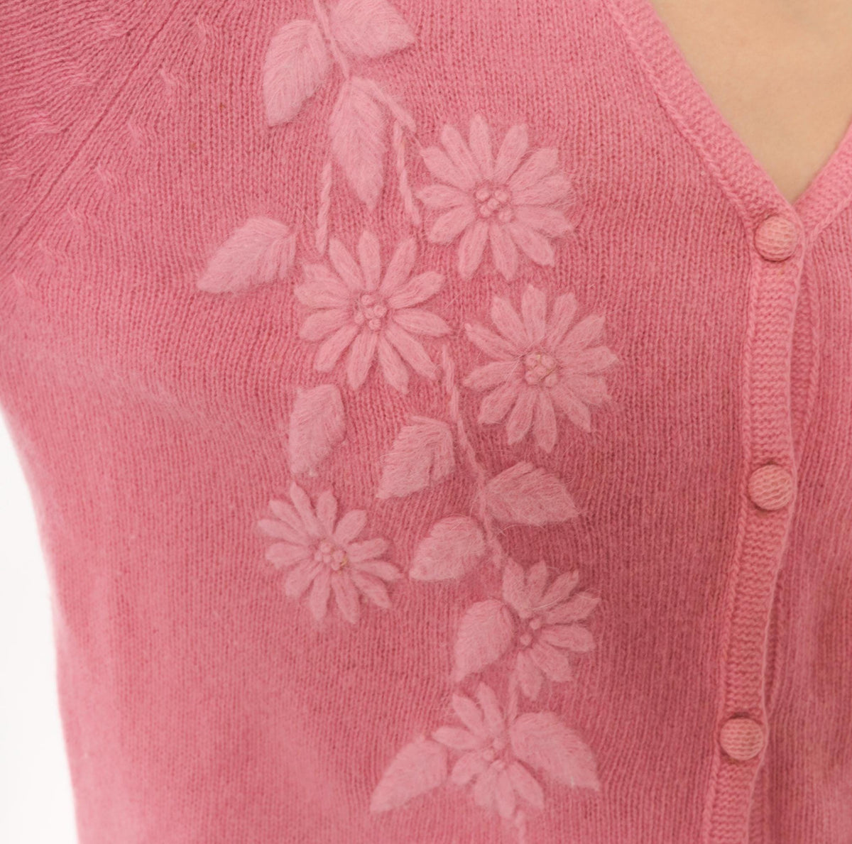 80s NKKC Rose Pink Lambswool Cardigan Floral Embroidered V-Neck Medium M