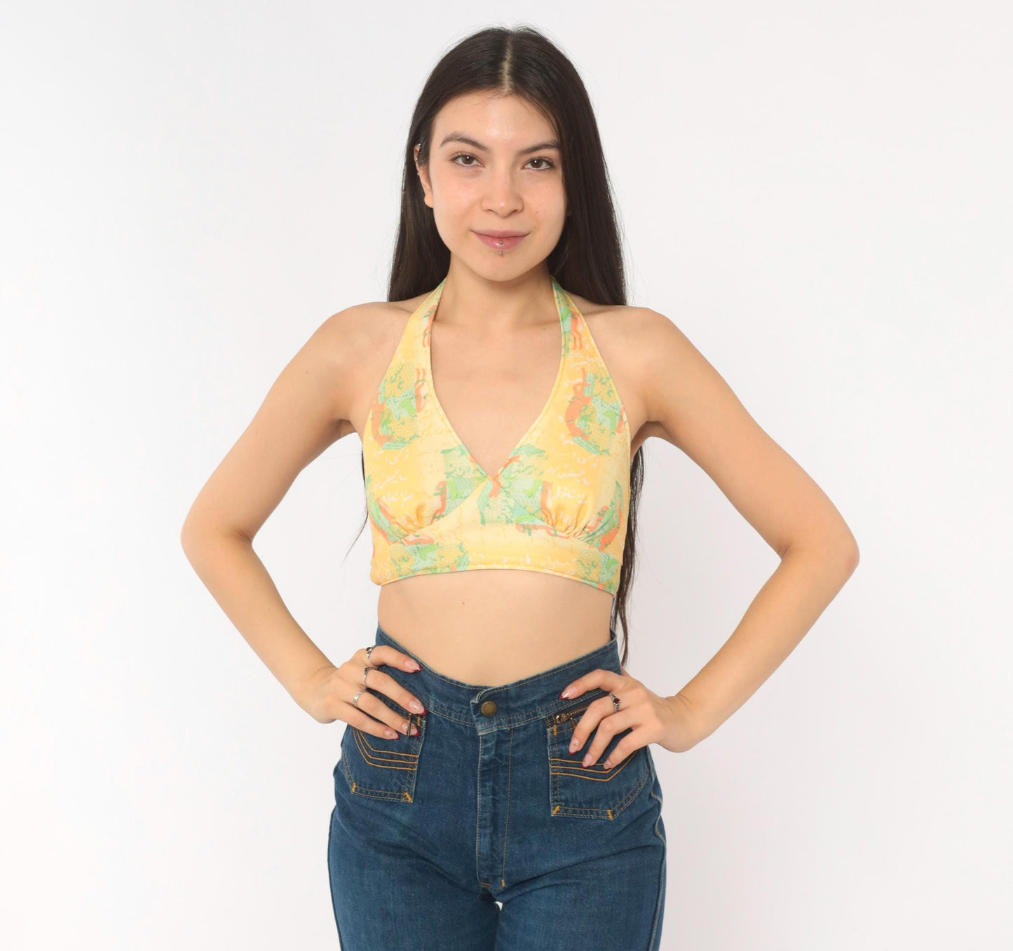 70s Yellow Floral Halter Crop Top Backless Tie Blouse Small