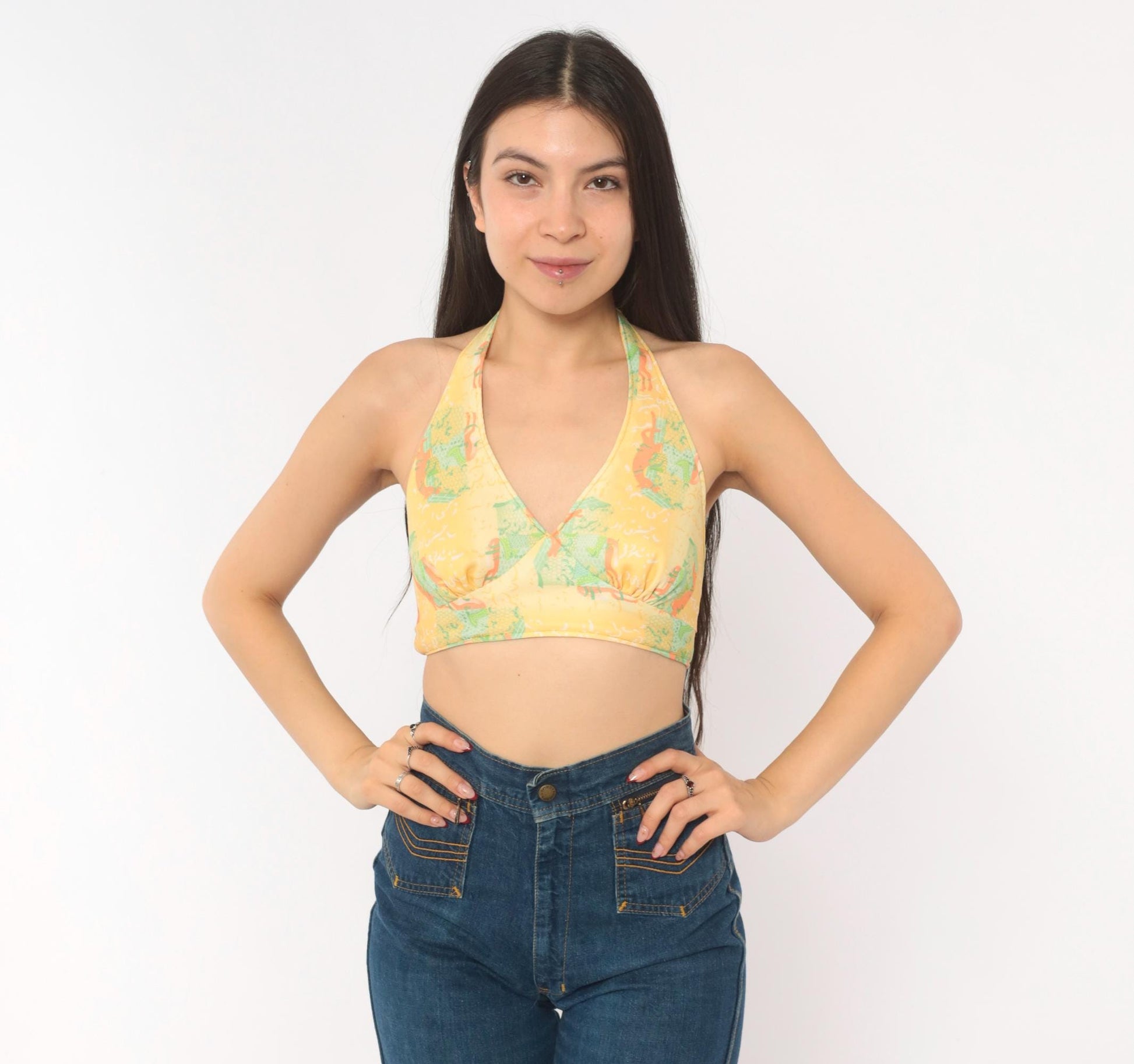 70s Yellow Floral Halter Crop Top Backless Tie Blouse Small
