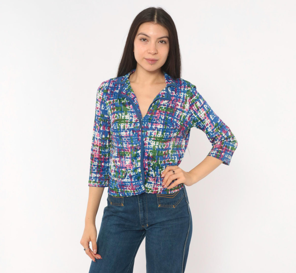 70s Puritan Forever Yours Abstract Crosshatch Blouse Blue Pink Green Small