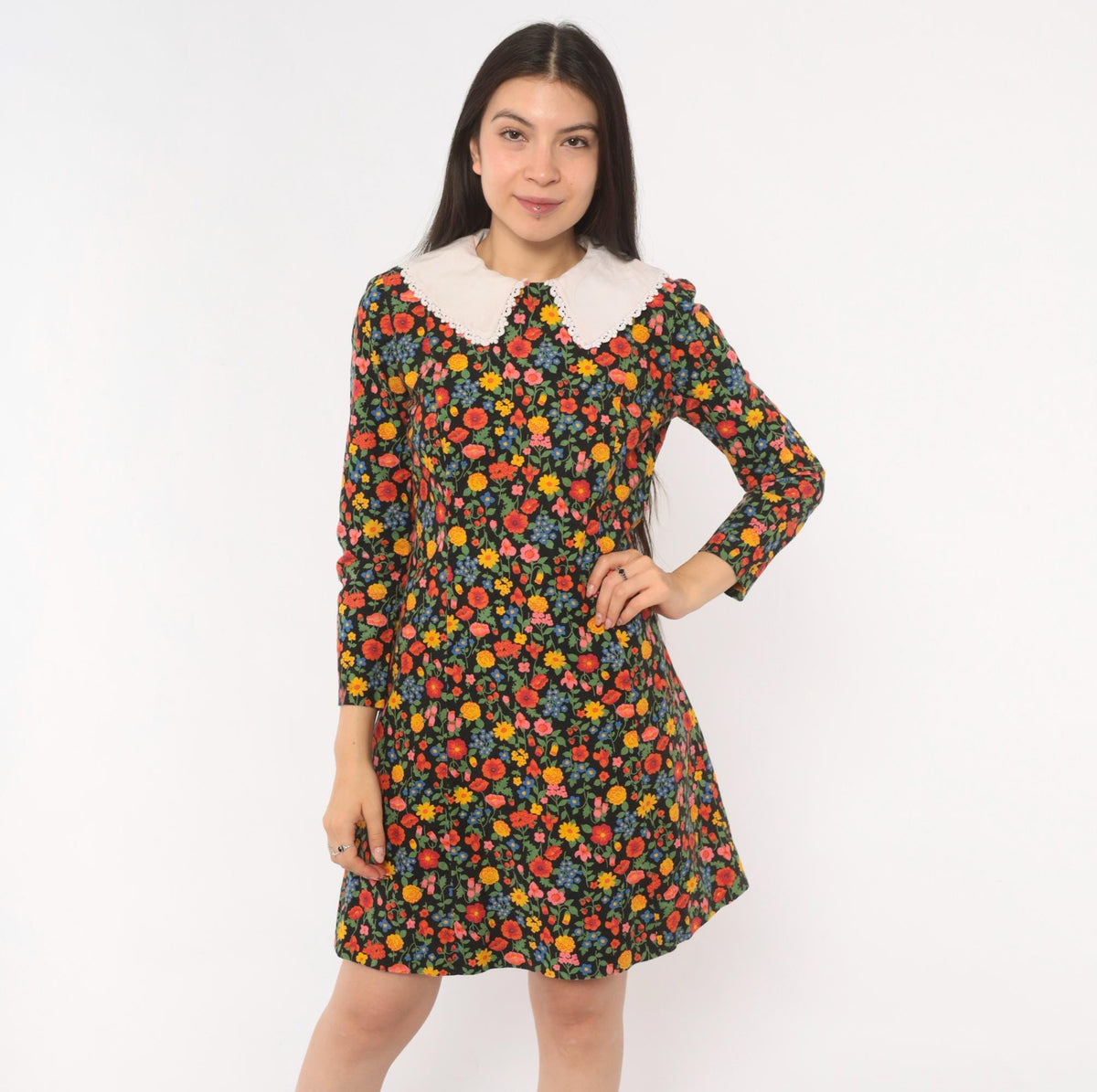 60s Black Floral Peter Pan Collar Shift Dress Wildflower Print Small