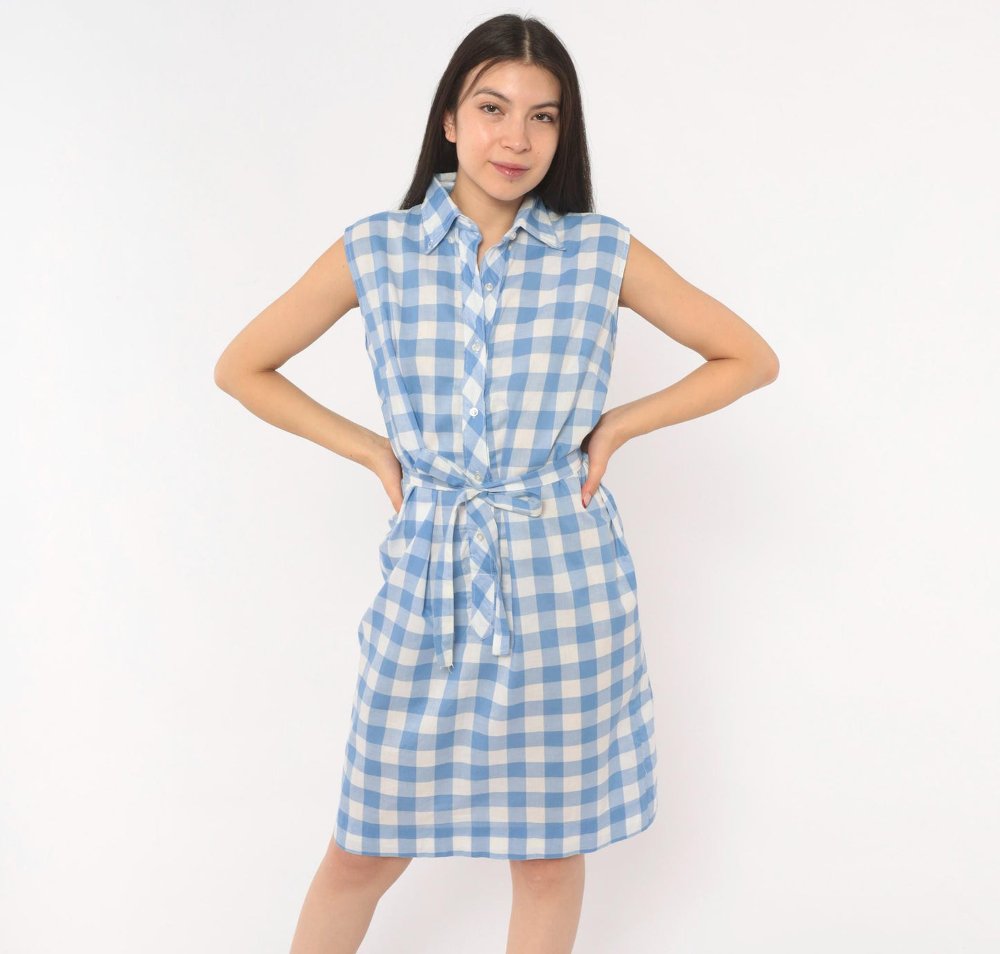 60s Laura Mae Life Gingham Shirt Dress Blue White Check Knee-Length Cotton Medium M
