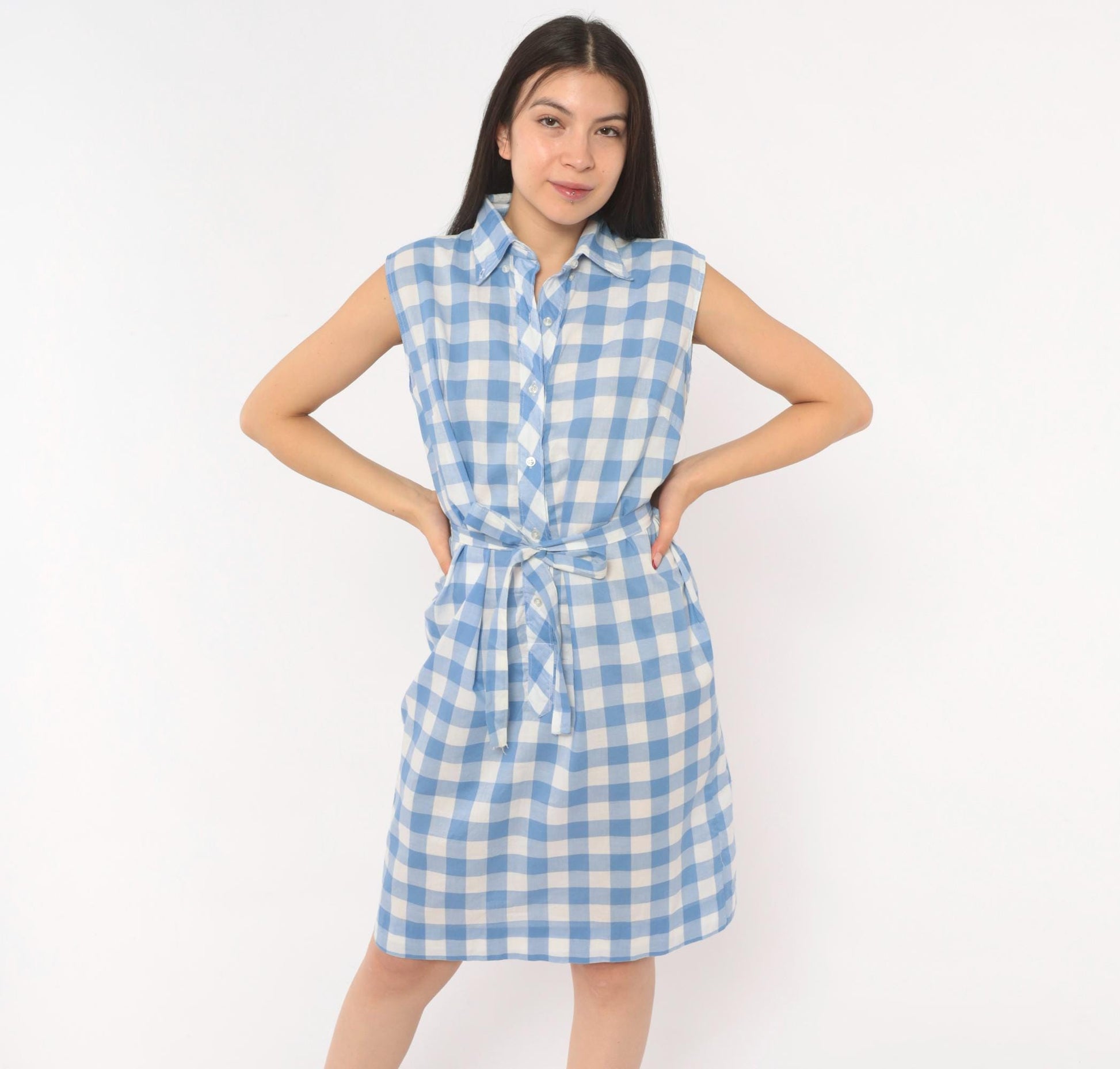 60s Laura Mae Life Gingham Shirt Dress Blue White Check Knee-Length Cotton Medium M