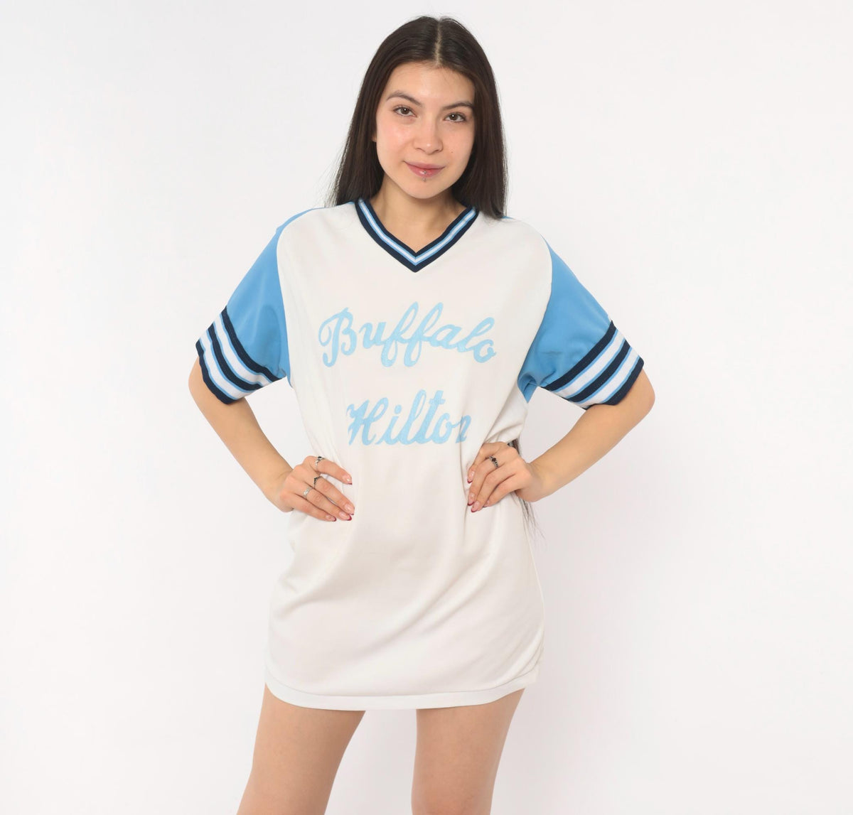 80s Bike Baseball Jersey White Sky Blue Raglan Striped V-Neck Medium