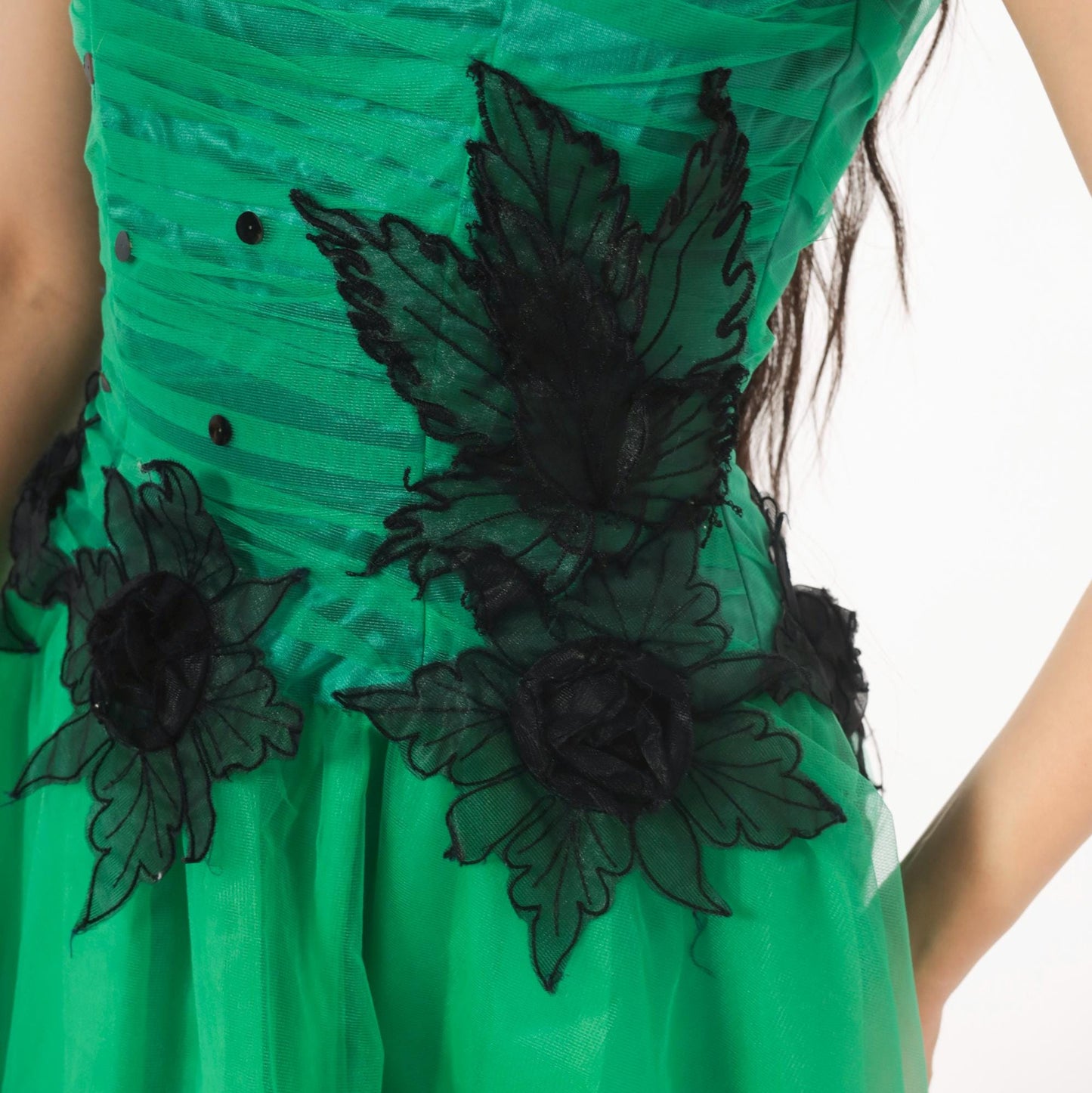 80s Emerald Green Fit Flare Party Dress Sequin Tulle High-Low Black Floral XS