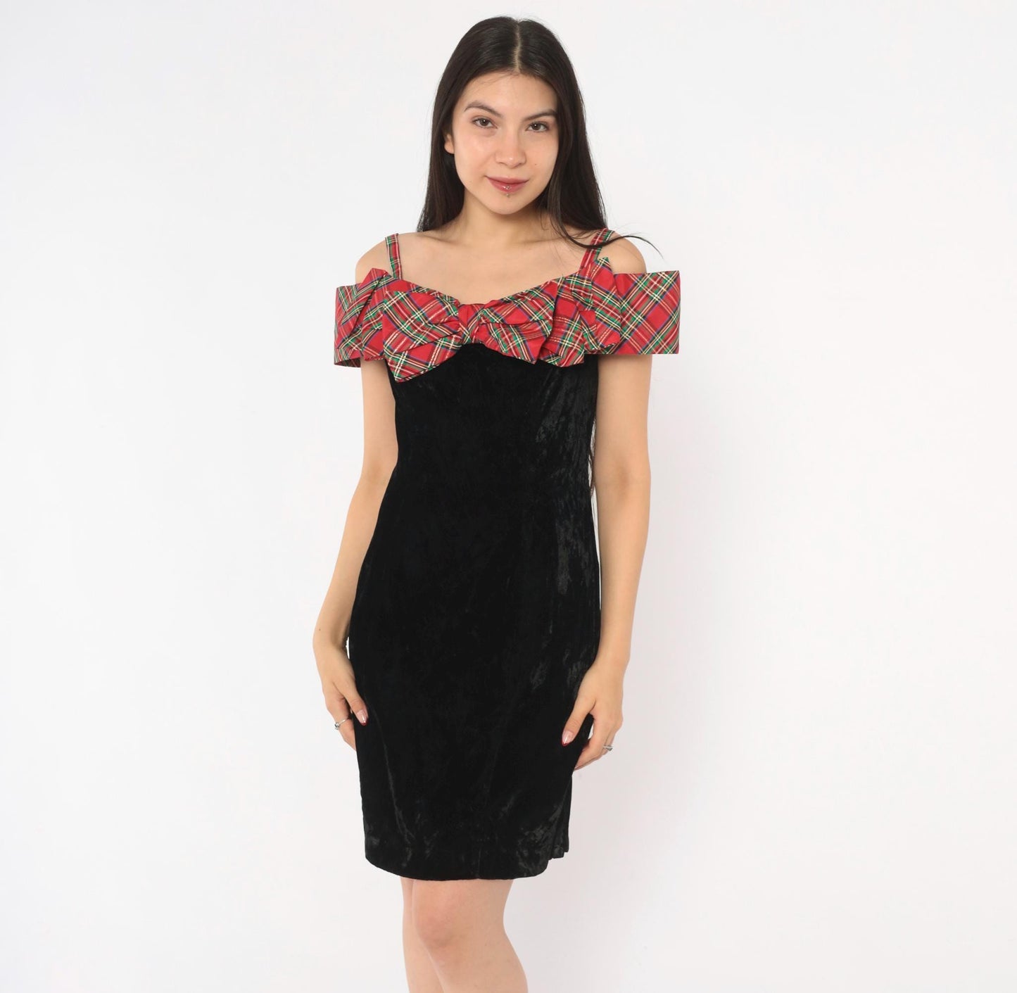 90s Badge Black Crushed Velvet Mini Dress Red Tartan Ruffle Off-Shoulder Extra Small XS