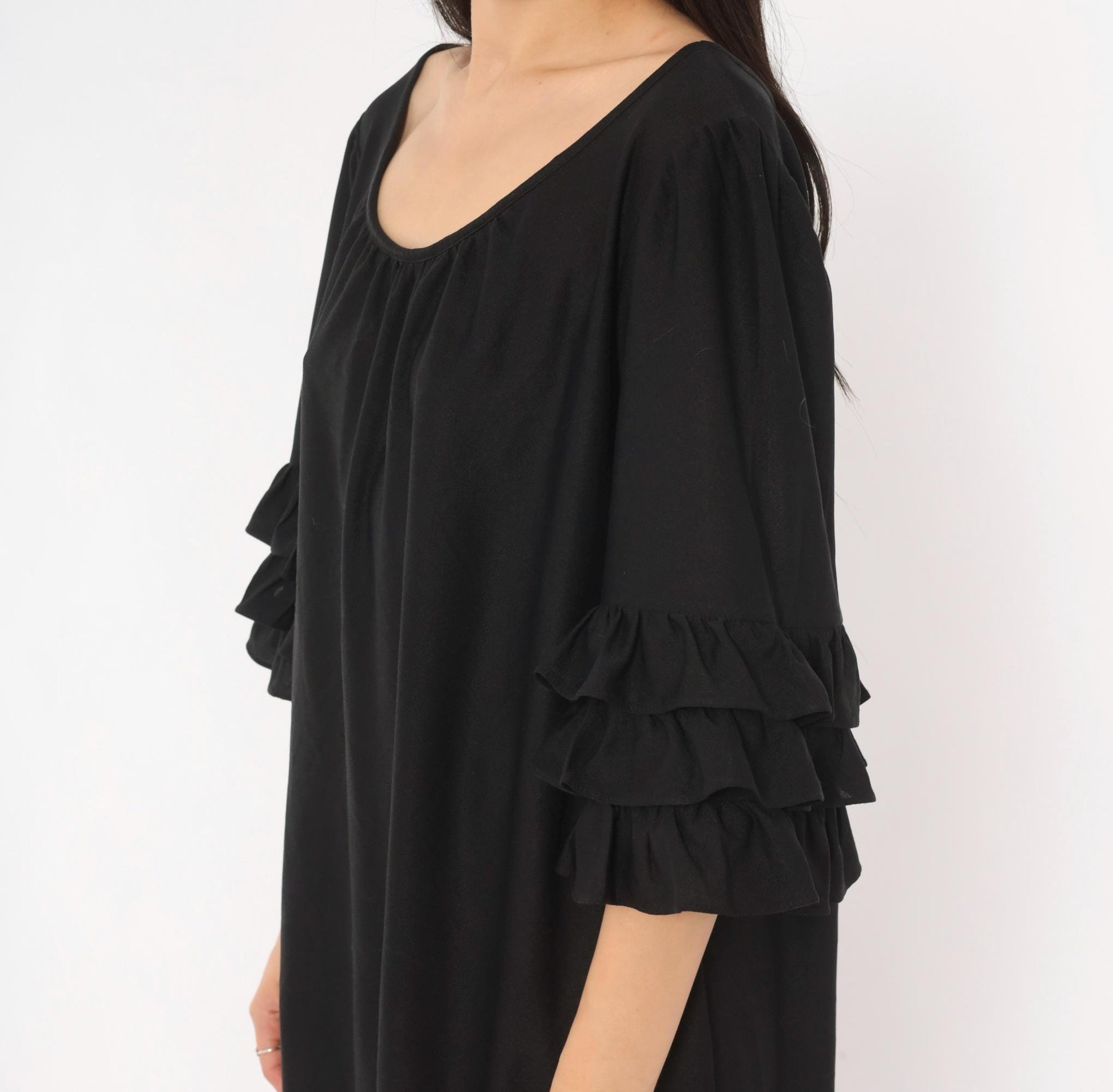 70s Black Midi Dress Ruffle Sleeve Tiered Hem Pullover Large L