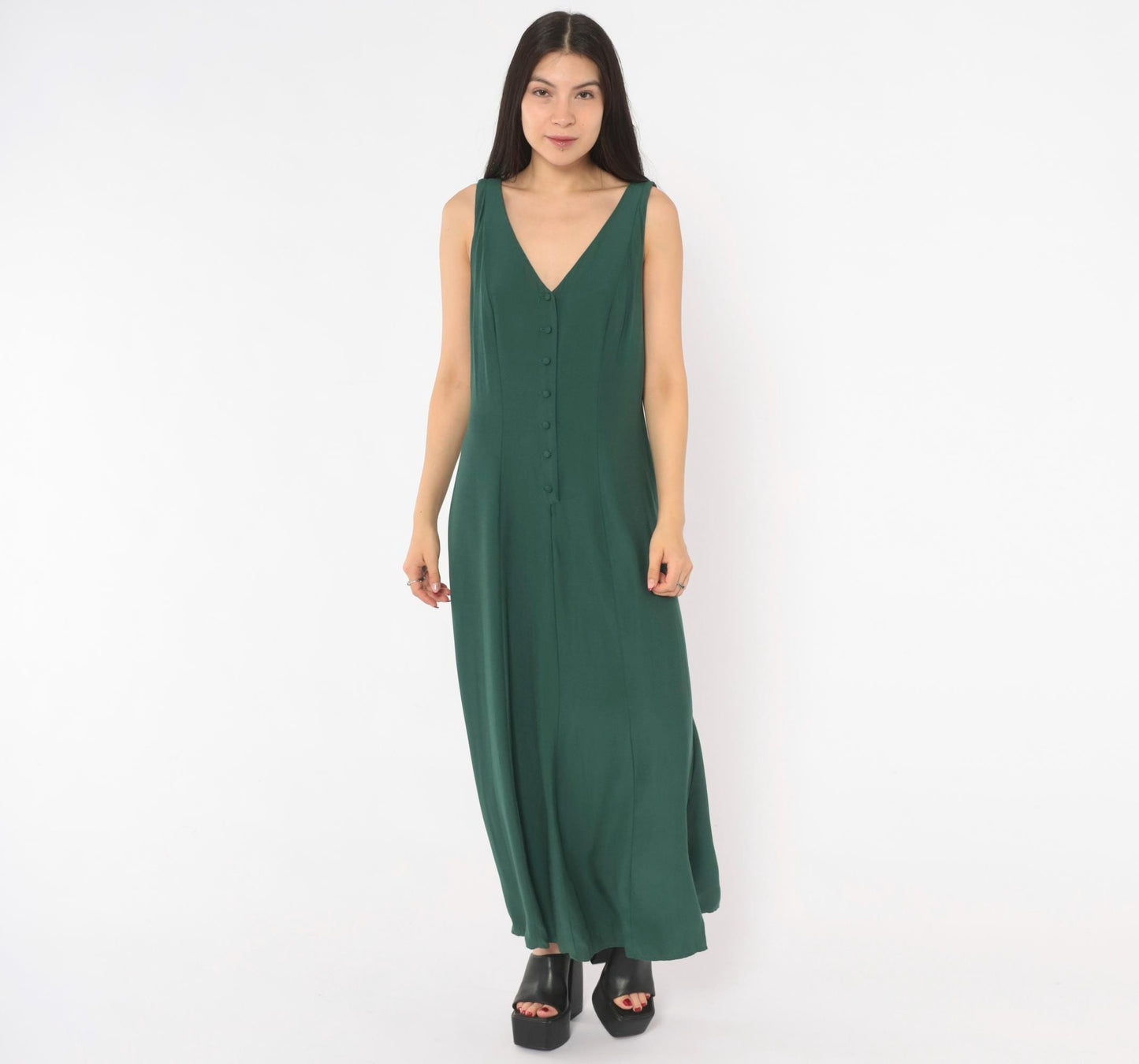 90s Olive Green Maxi Dress Sleeveless V Neck A Line Fitted Waist Medium M