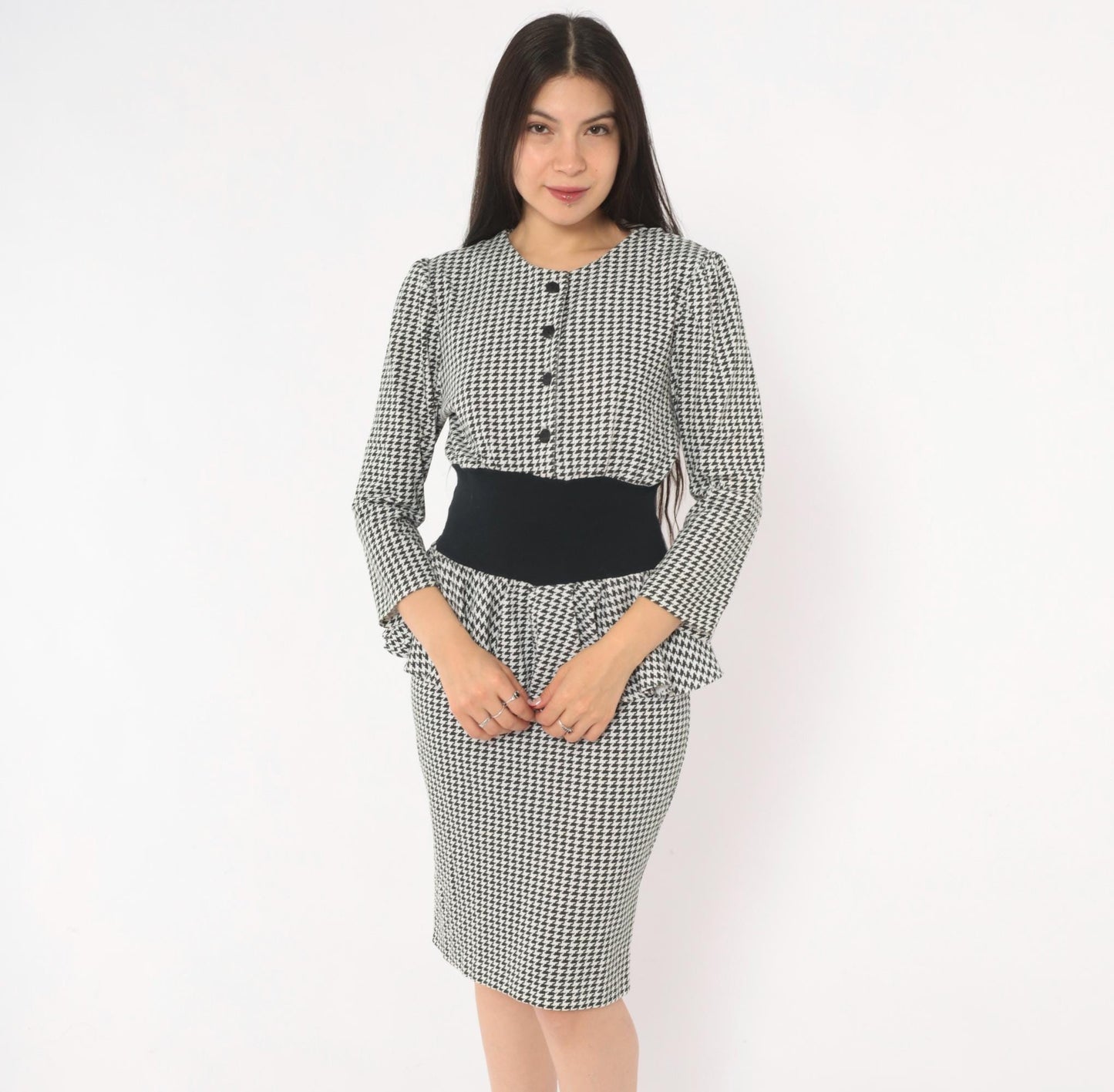 90s Breakin' Loose Houndstooth Peplum Dress Black White Check Small
