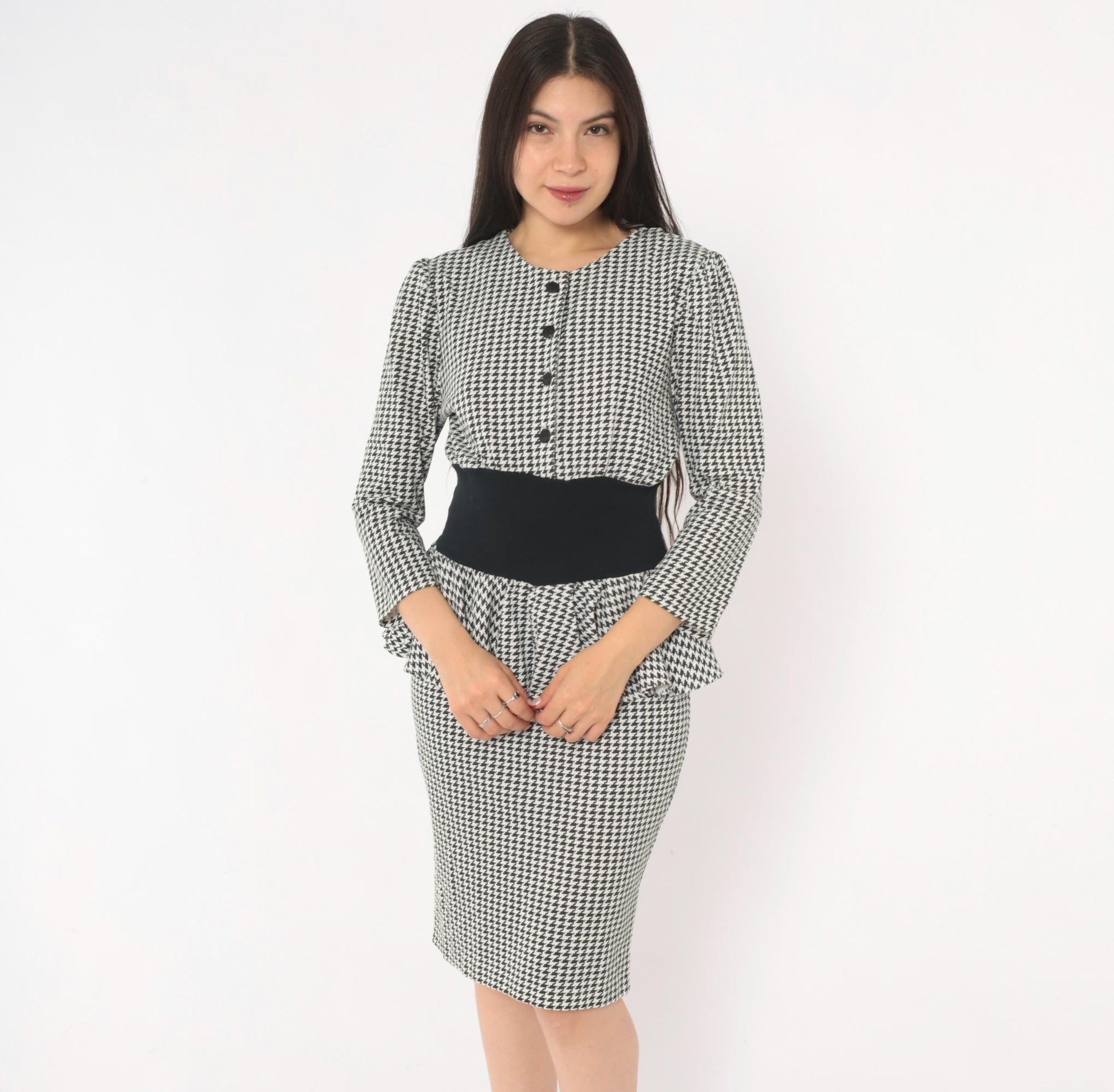 90s Breakin' Loose Houndstooth Peplum Dress Black White Check Small
