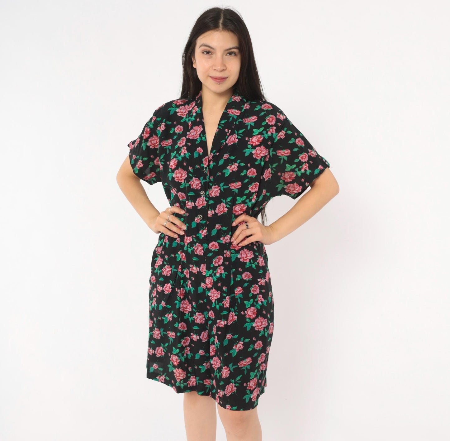 90s All That Jazz Floral Romper Black Pink Rose Print V-Neck Small S