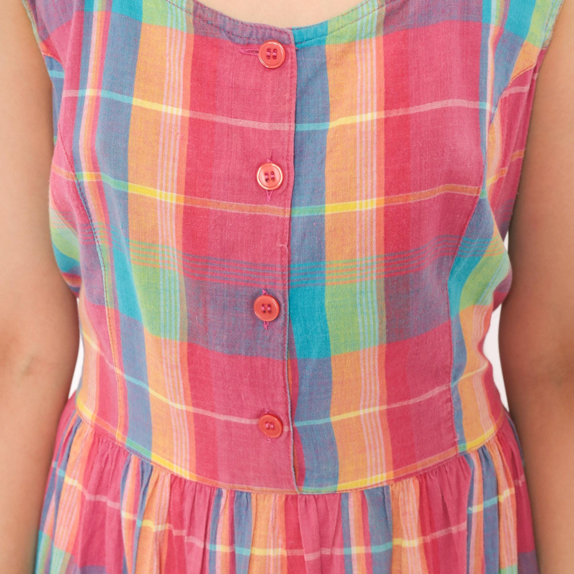 90s Madras Plaid Sundress Pink Turquoise Cotton Button Front Mid-Calf Medium M