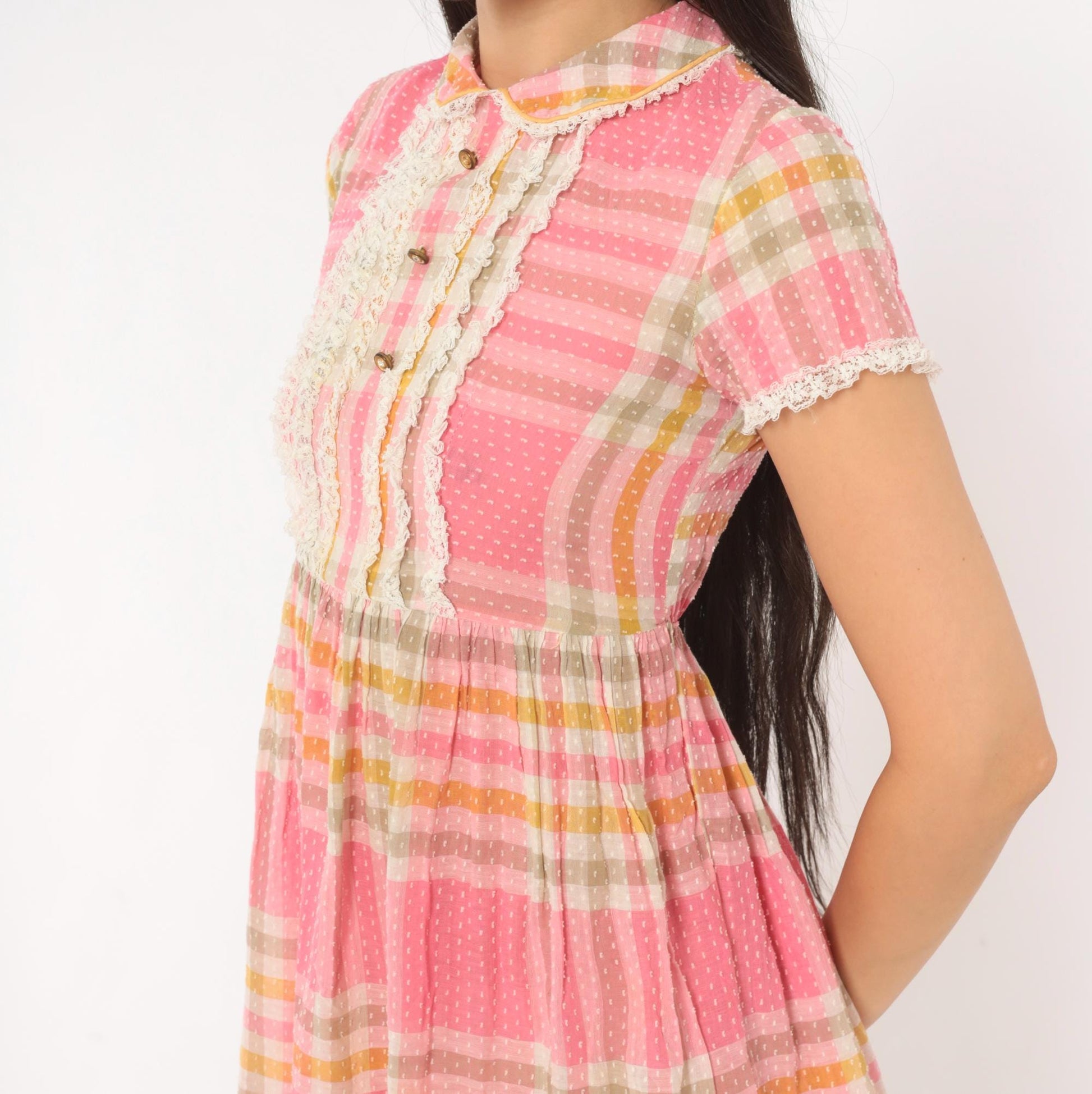 70s Pink Plaid Babydoll Dress Peter Pan Collar Lace Bib Mini XXS