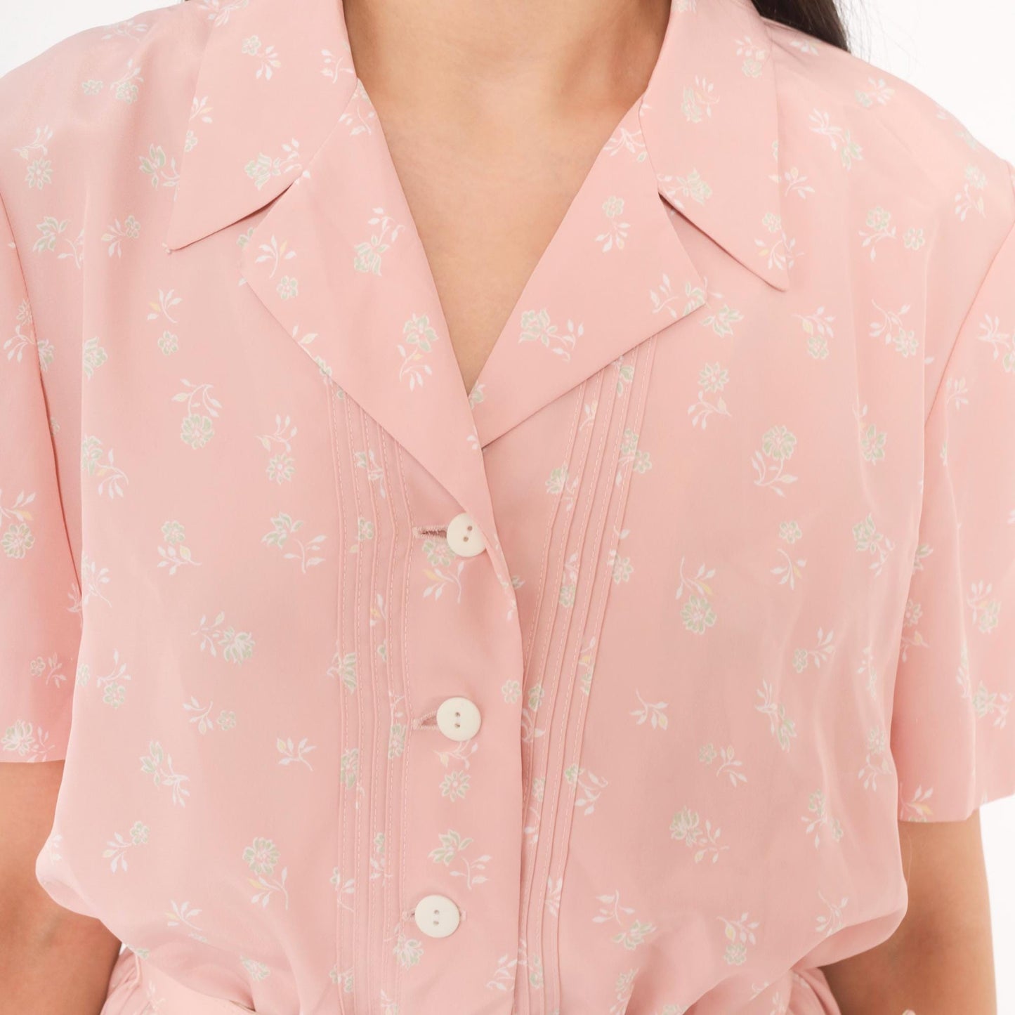 80s Leslie Fay Pink Floral Shirtdress Pleated Midi Notched Collar Small