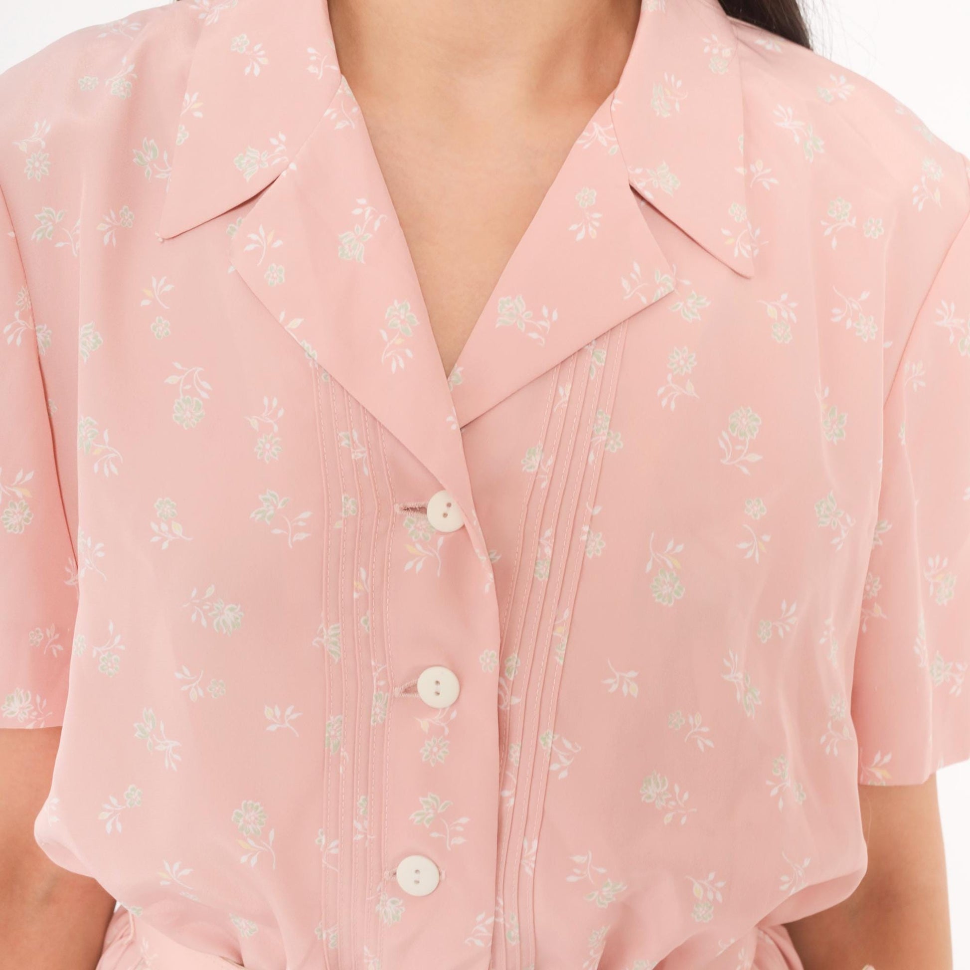 80s Leslie Fay Pink Floral Shirtdress Pleated Midi Notched Collar Small