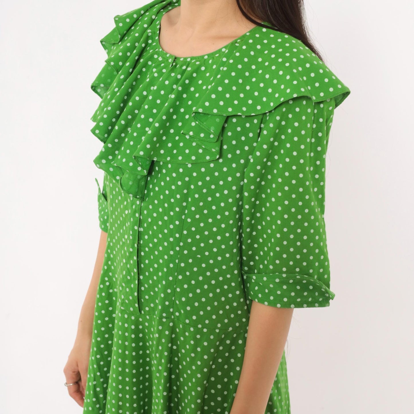 2000s Green White Polka Dot Cotton Midi Dress Ruffle Collar Puff Sleeve Large L