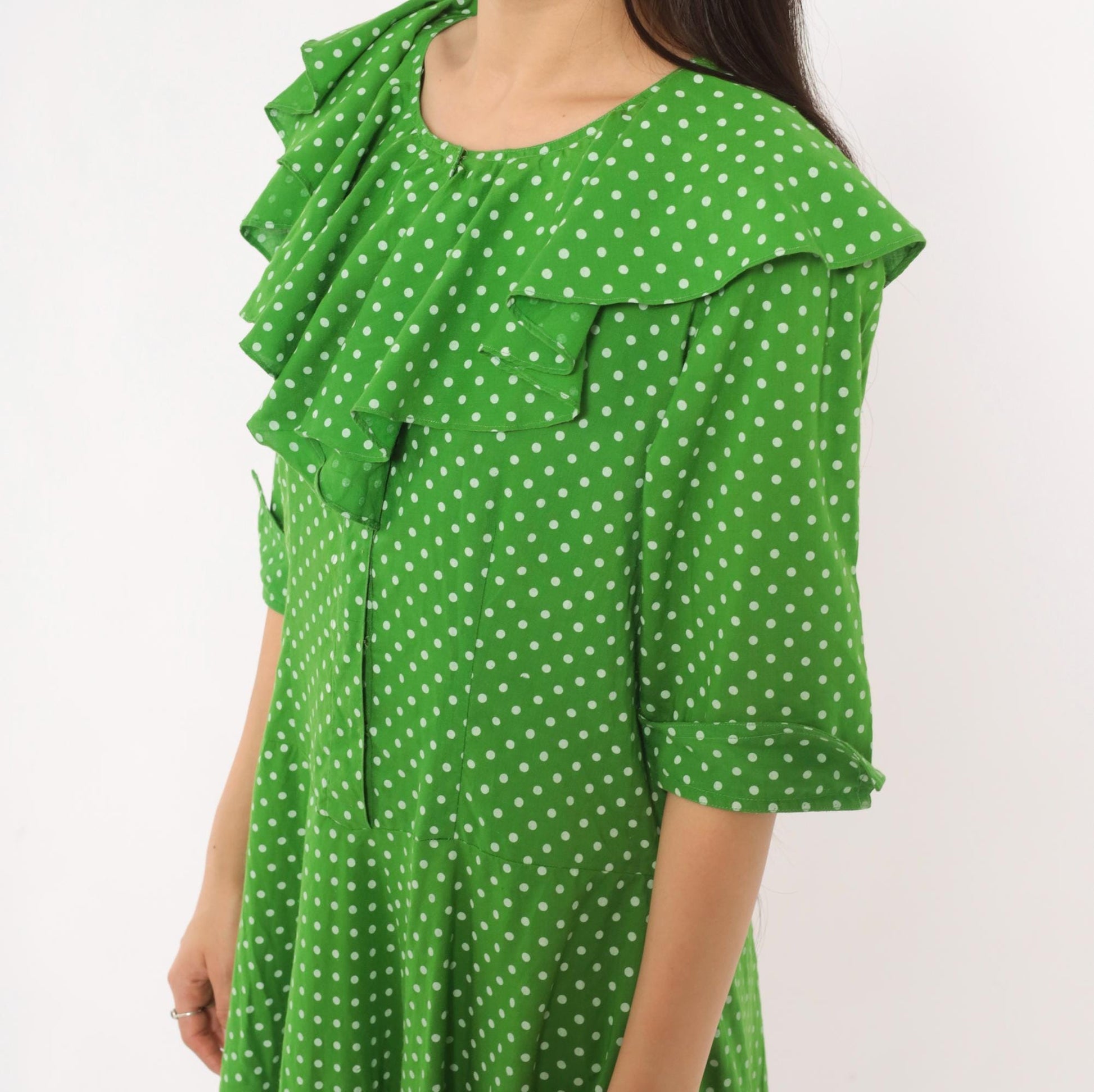 2000s Green White Polka Dot Cotton Midi Dress Ruffle Collar Puff Sleeve Large L