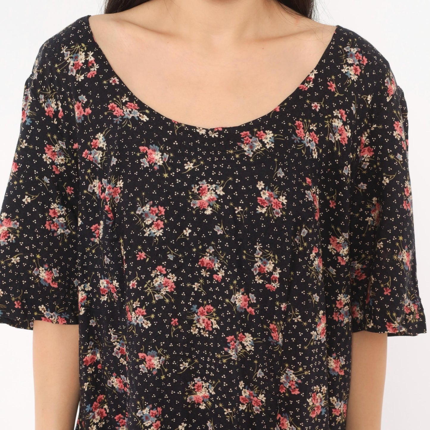 90s Jamie Brooke Black Floral Maxi Dress Pink Blue Scoop Neck Medium M