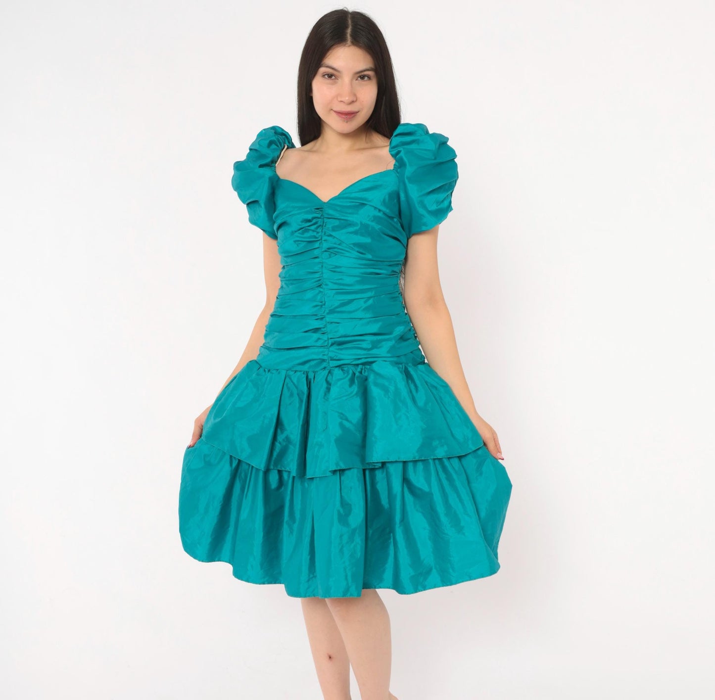 80s Teal Prom Dress Puff Sleeve Sweetheart Neckline Tiered Ruffle Skirt Small S