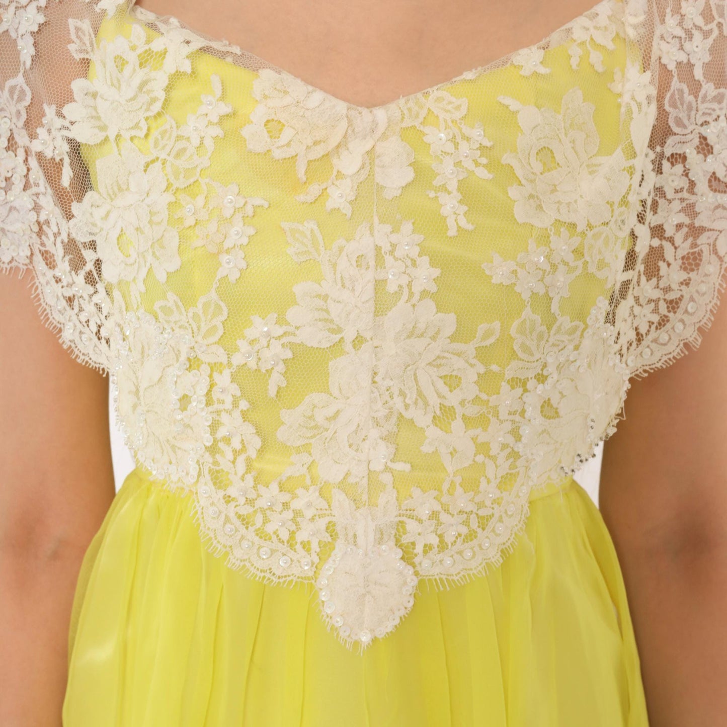 70s Yellow Chiffon Maxi Dress White Lace Overlay Empire Waist V Neck Extra Small XS